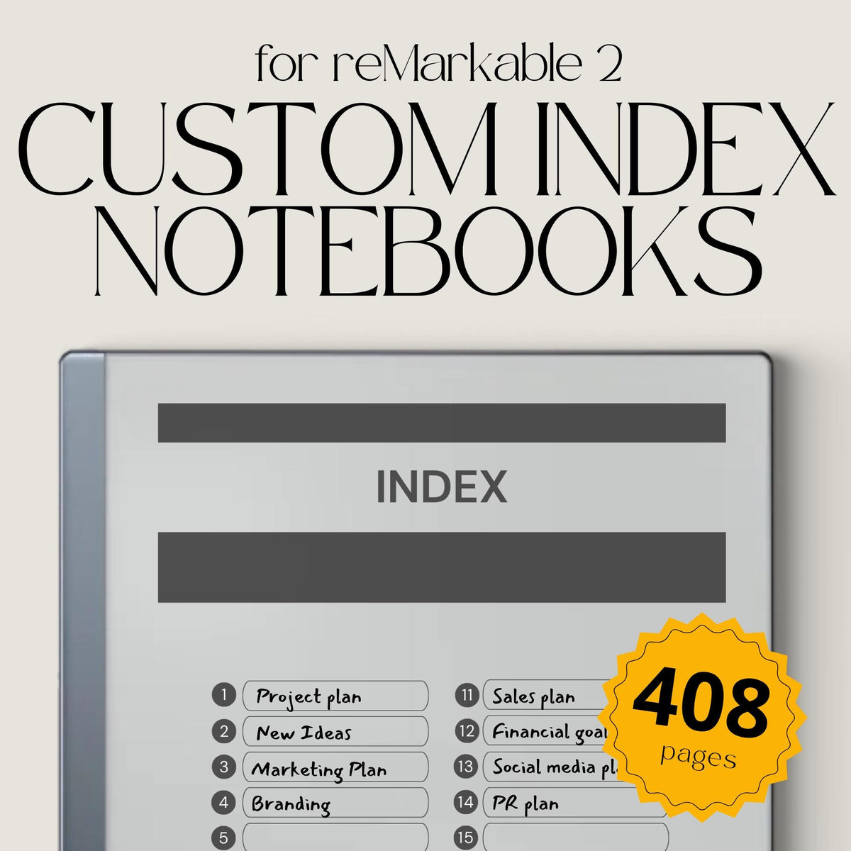 Custom Index Notebook Bundle for reMarkable 2 and reMarkable Paper Pure featuring 408 hyperlinked notebook pages with lined, grid, dotted, and blank layouts in a minimalist grayscale design