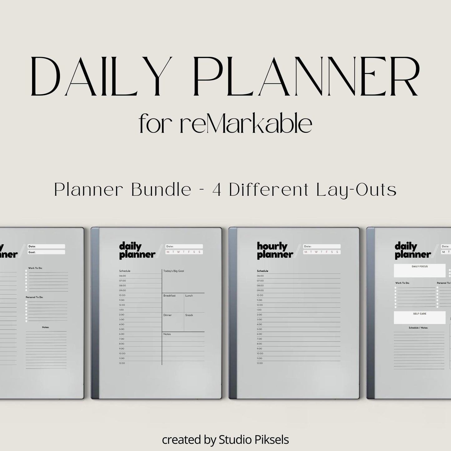 Daily Planner Bundle for reMarkable 2 and reMarkable Paper Pure featuring minimalist digital planners with hourly schedules, task lists, meal planning, and notes sections