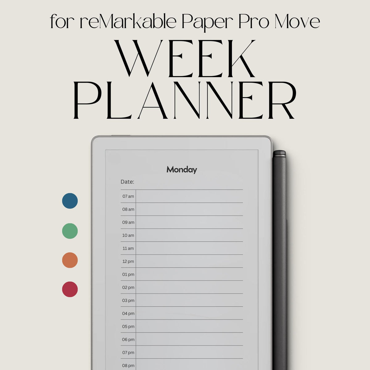 Daily planners for reMarkable Paper Pro Move with hourly schedule pages.