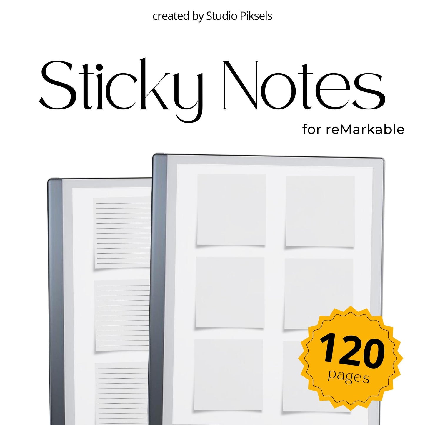 Sticky Note Bundle for reMarkable 2 and reMarkable Paper Pure featuring reusable digital sticky note notebooks with lined, dotted, blank, and mixed layouts