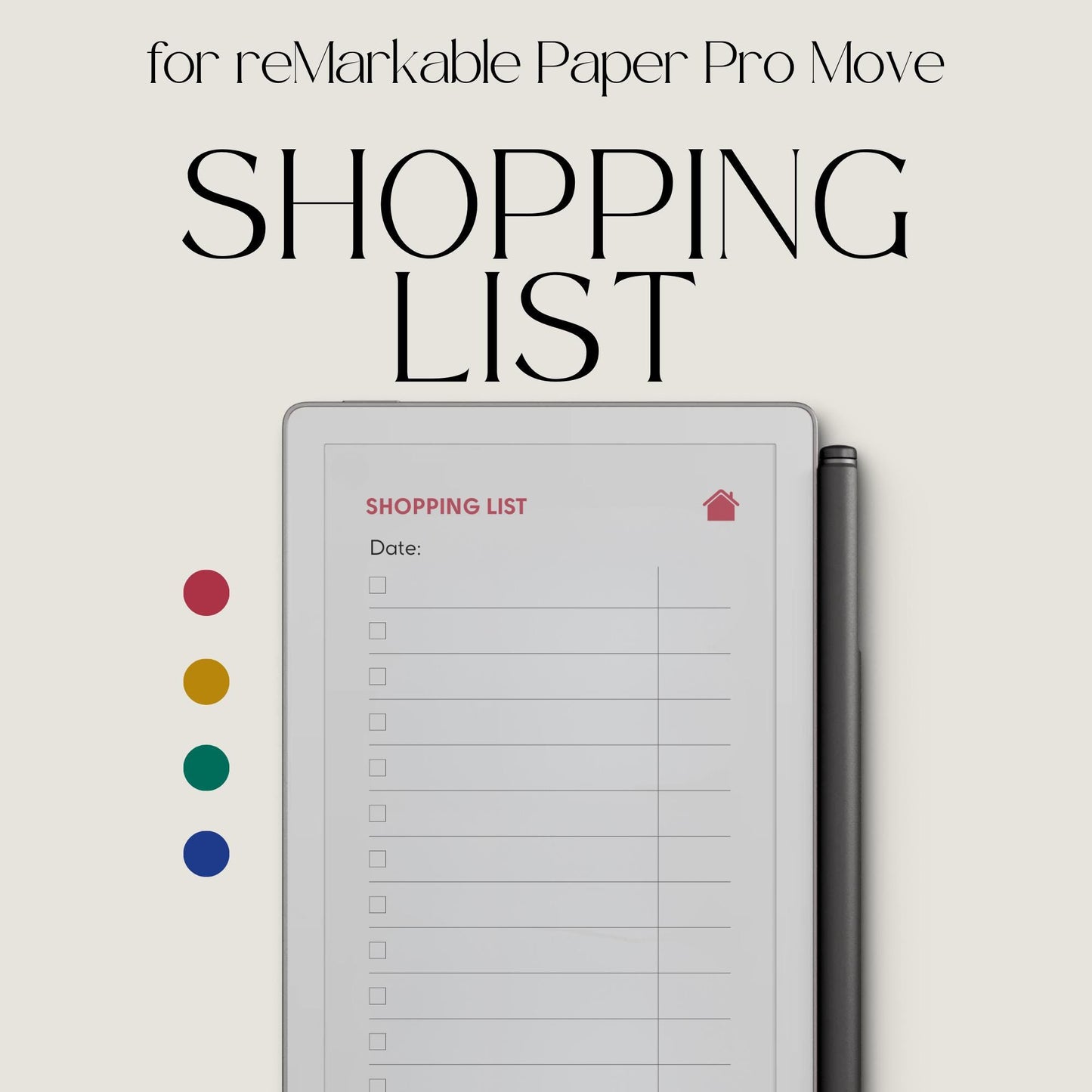 Hyperlinked shopping list template for reMarkable Paper Pro Move with customizable grocery sections and digital checklist navigation