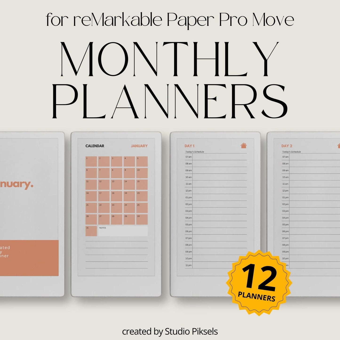 Undated 12 monthly planner bundle for reMarkable Paper Pro Move.