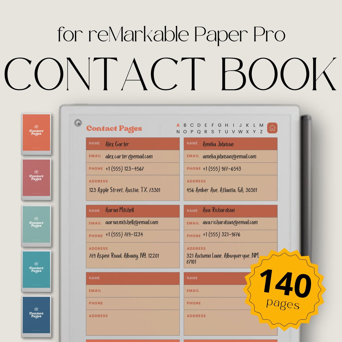 Digital contact book bundle for reMarkable Paper Pro in five colors.