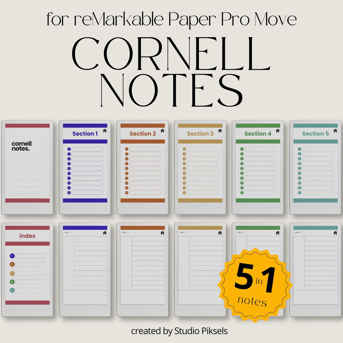 Cornell notes notebook for reMarkable Paper Pro Move with hyperlinked sections and minimalist study pages.