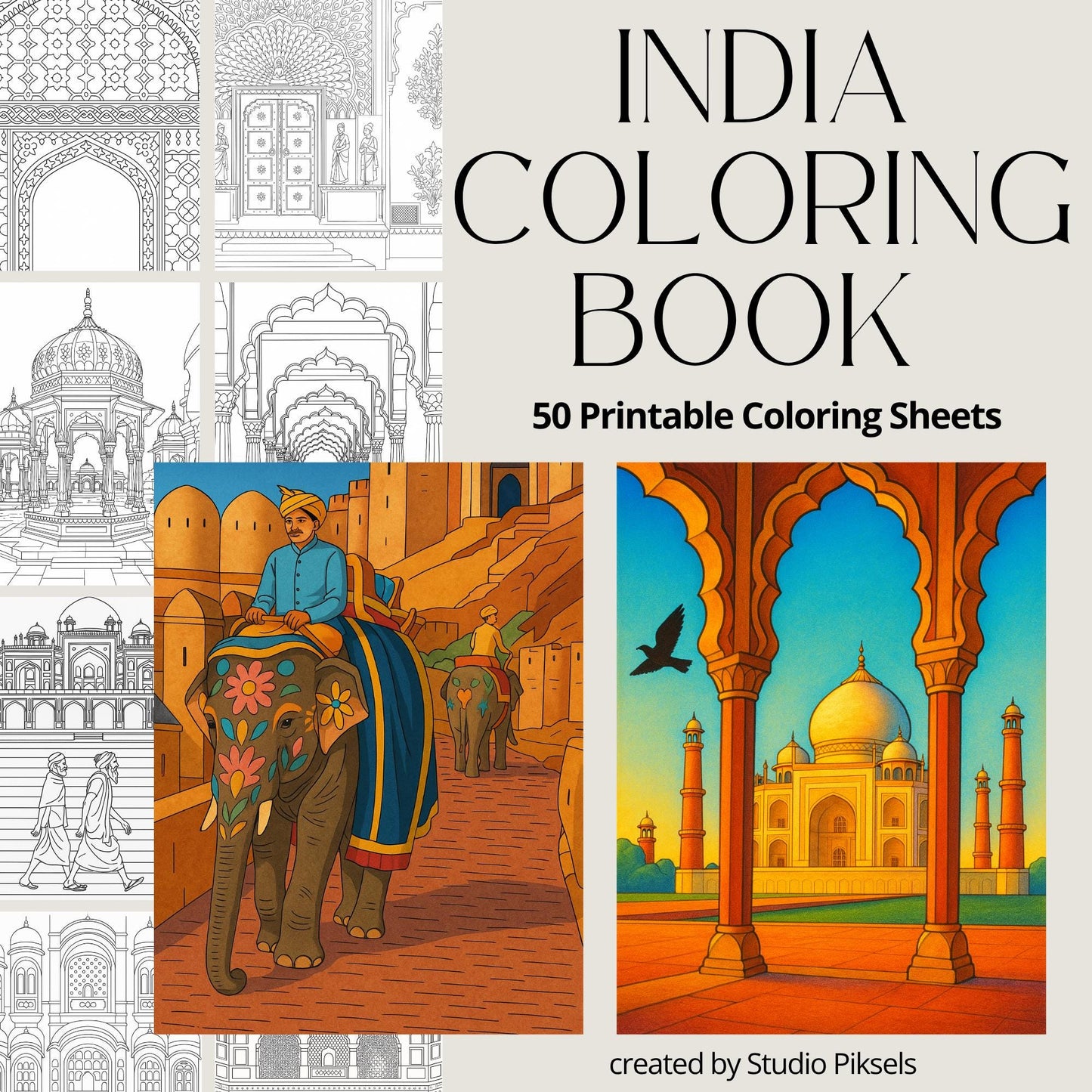 Printable India coloring book pages featuring intricate temple and palace designs, ideal for adults and kids. Color the beauty of India's architecture and culture