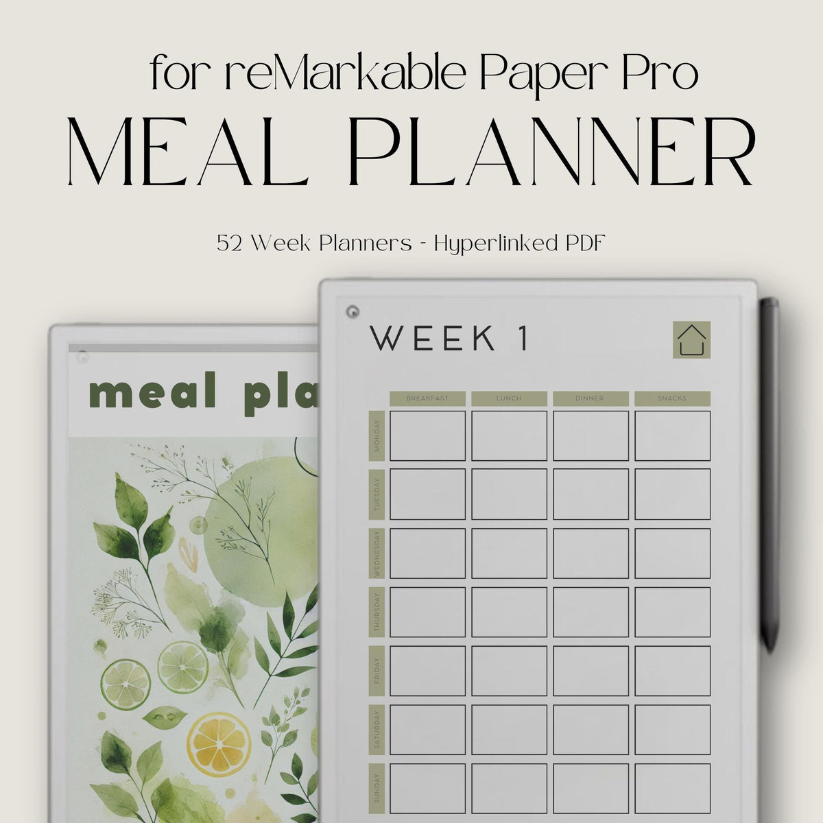 Plan weekly meals using a hyperlinked meal planner on reMarkable Paper Pro.
