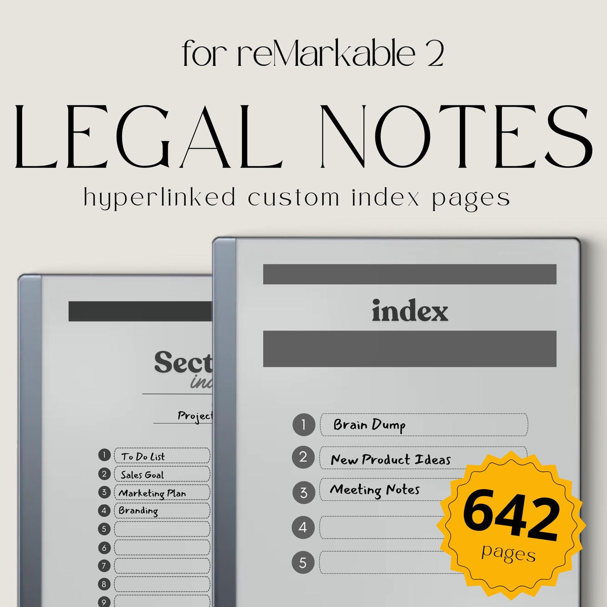 Legal Pad Notebook Bundle for reMarkable with hyperlinked index, lined legal pad pages, and light and dark mode notebook designs.
