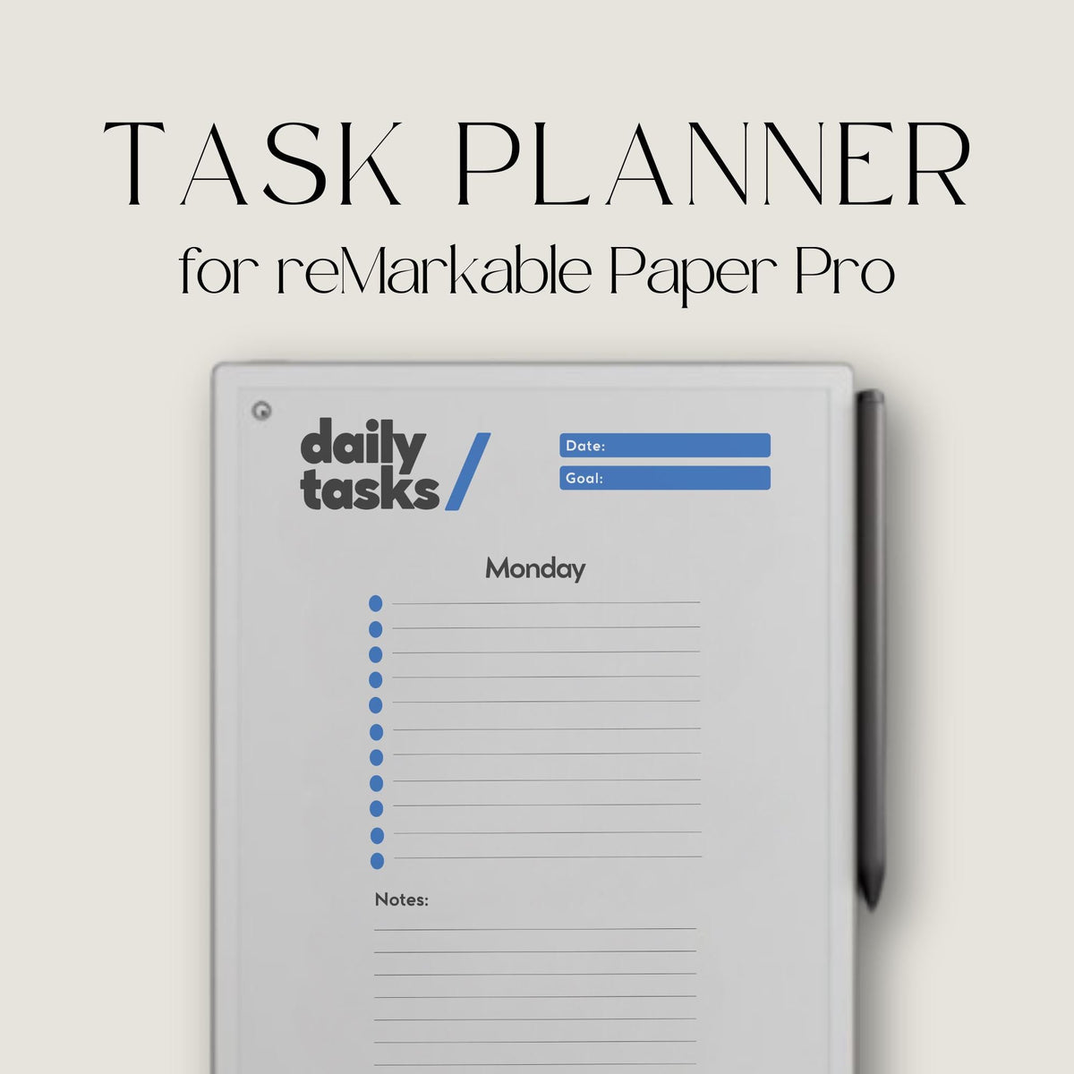 7-day productivity task planner for reMarkable Paper Pro with seven day layout, priority sections, and minimalist task tracking pages.