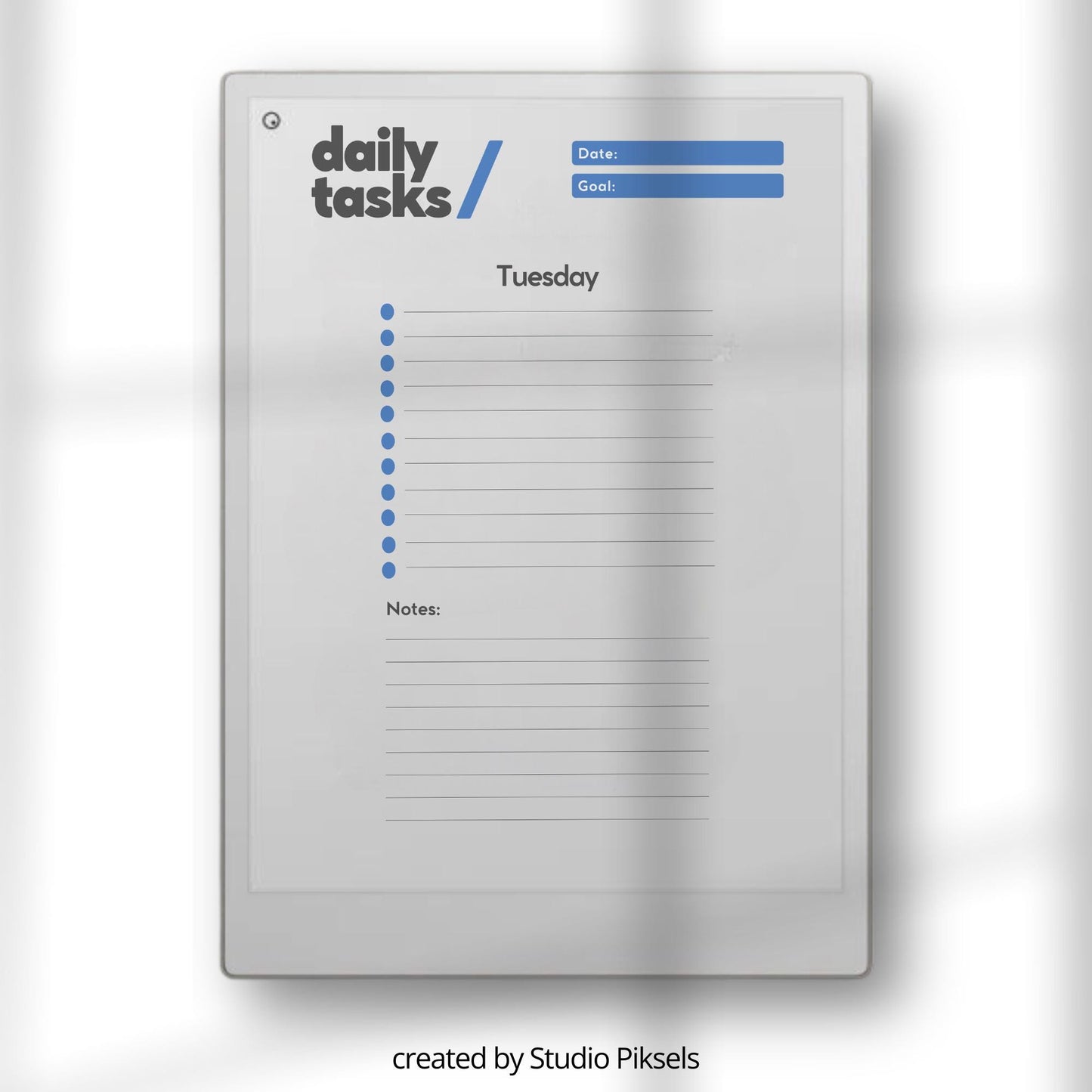 7-day productivity task planner for reMarkable Paper Pro with seven day layout, priority sections, and minimalist task tracking pages.