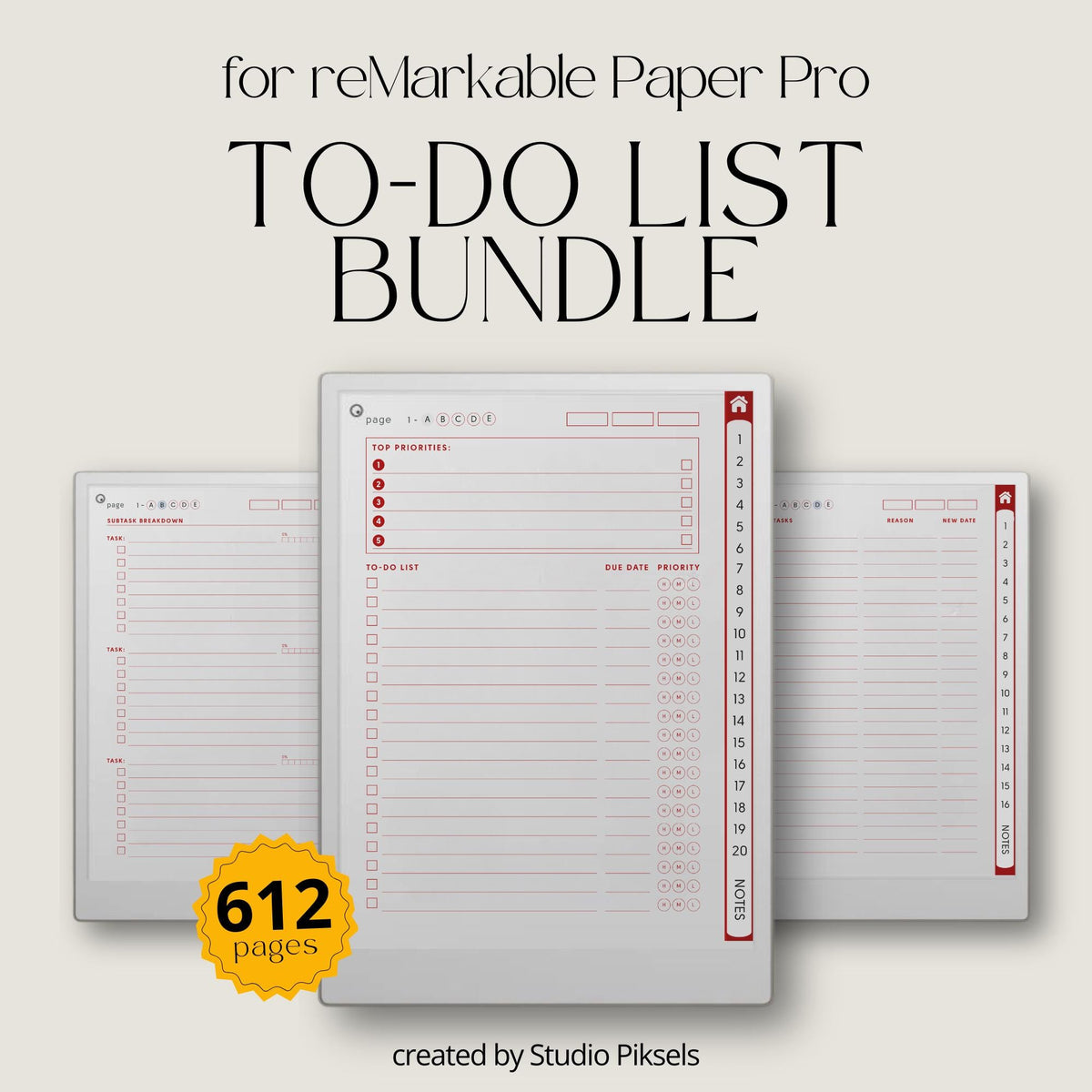 To Do List Mega Bundle PDF for reMarkable Paper Pro Move with 8 hyperlinked notebooks and customizable task list layouts.
