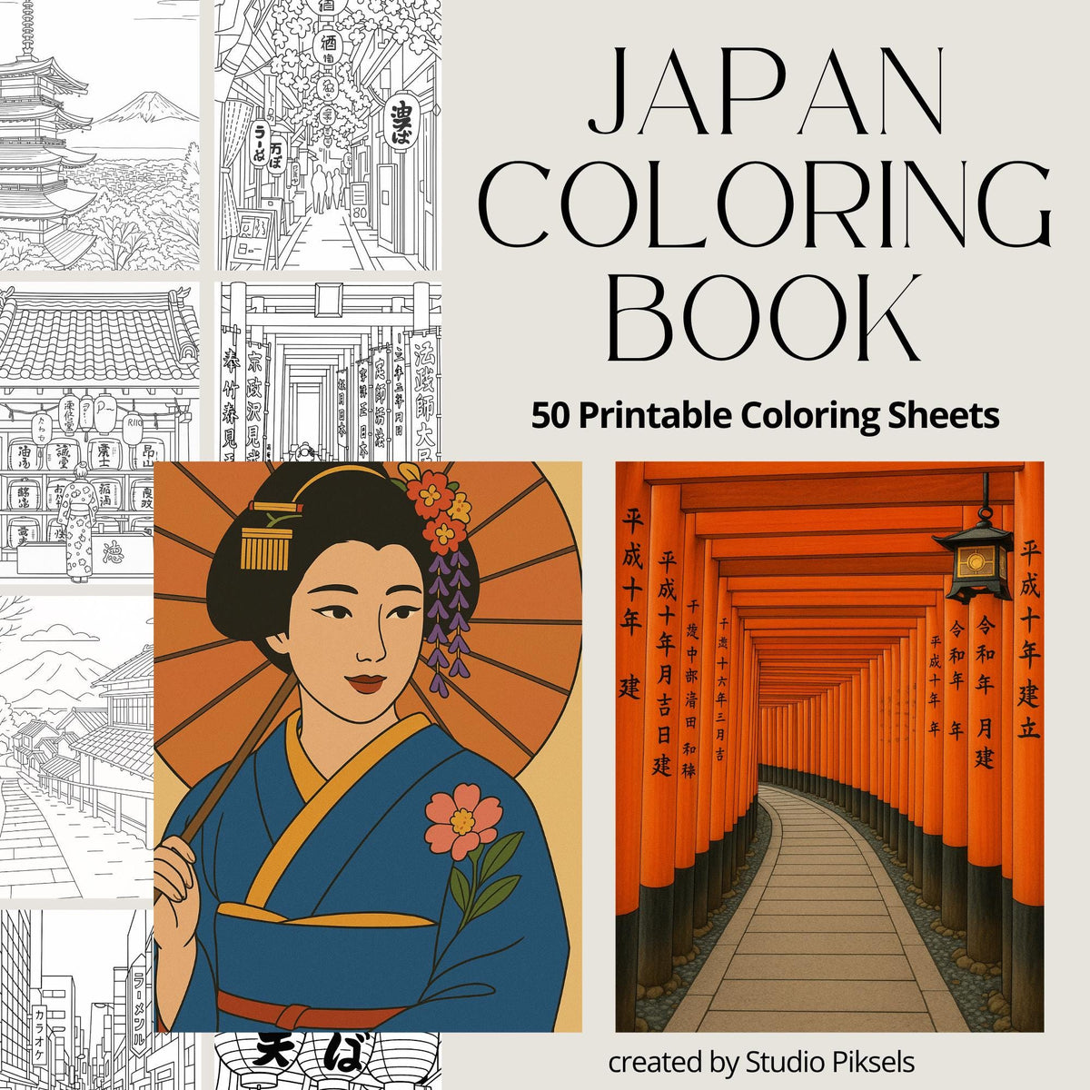 Printable World Travel Japan Coloring Book with 50 unique pages capturing traditional Japanese culture, ideal for relaxing and creative coloring for all ages