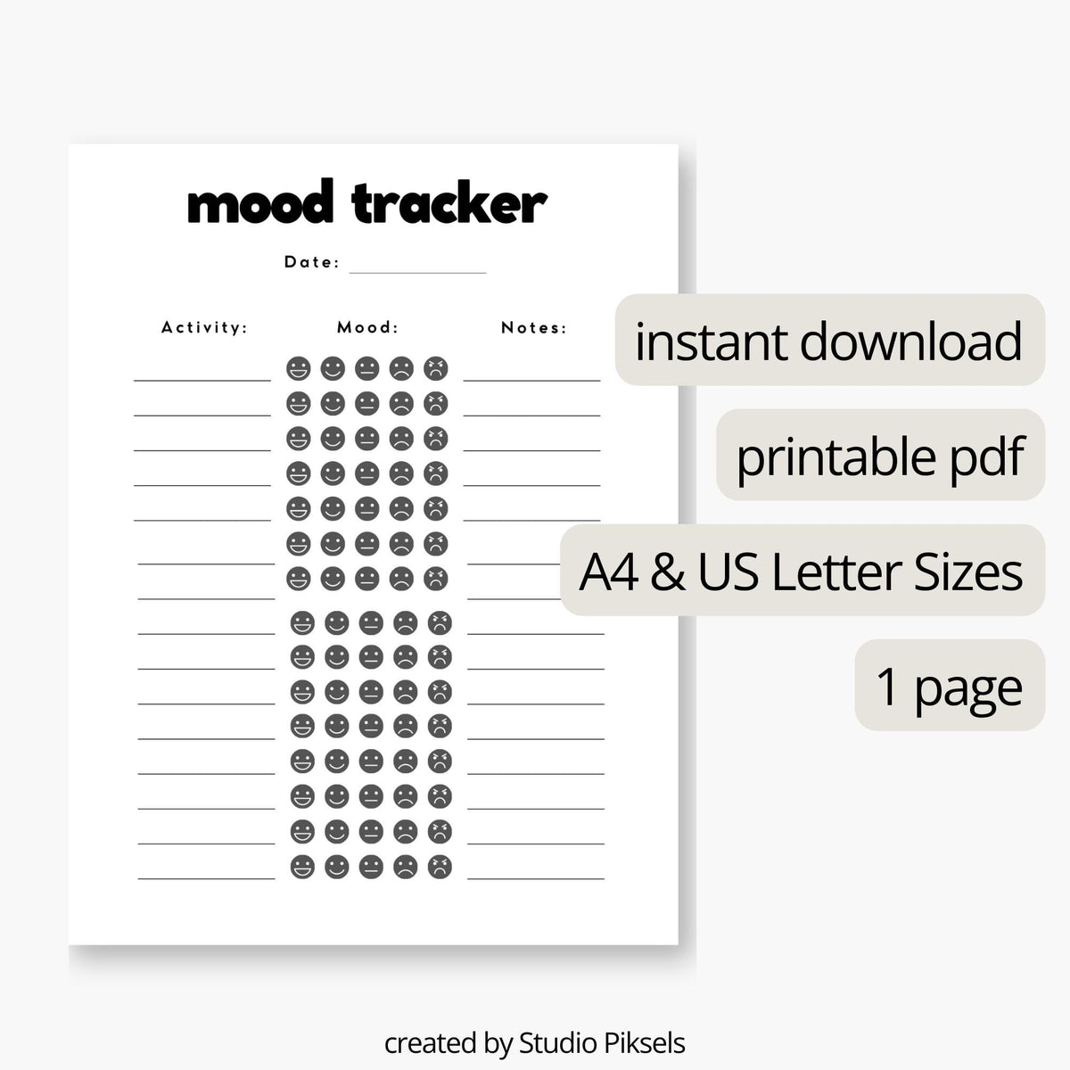 Daily Mood Tracker, Mood Journal Printable PDF