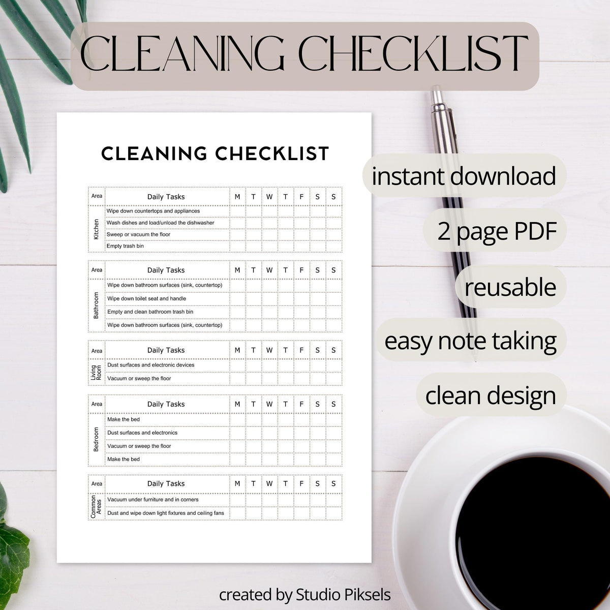 Cleaning Check List, Cleaning Tracker PDF Printable