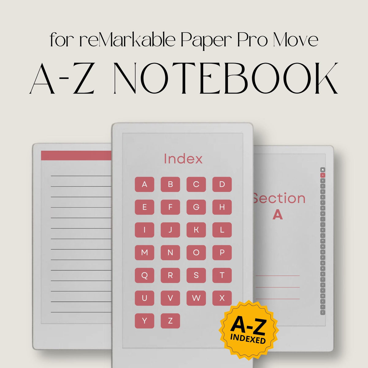 A–Z Indexed Notebook for reMarkable Paper Pro in three color versions.
