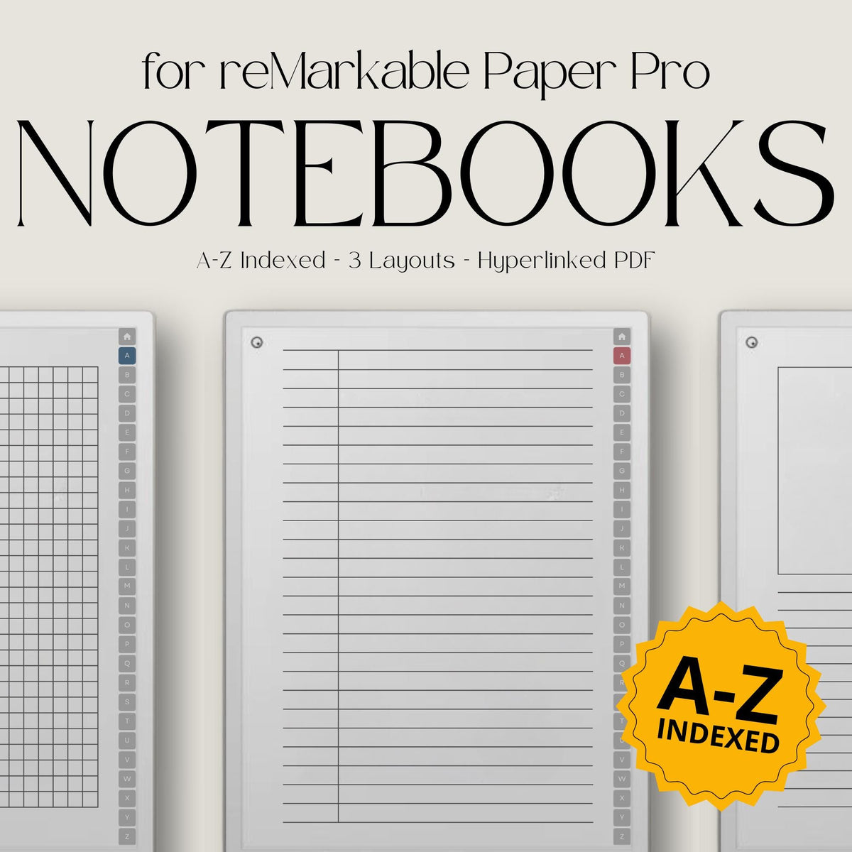A-Z indexed notebook for reMarkable Paper Pro with clickable letter tabs for fast note organization.