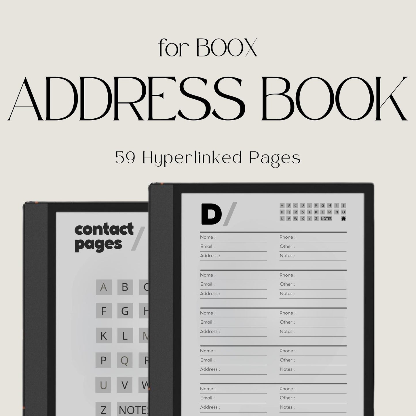 Hyperlinked Address Book for BOOX Note with alphabetical contact sections, linked navigation, and minimalist digital organizer pages.