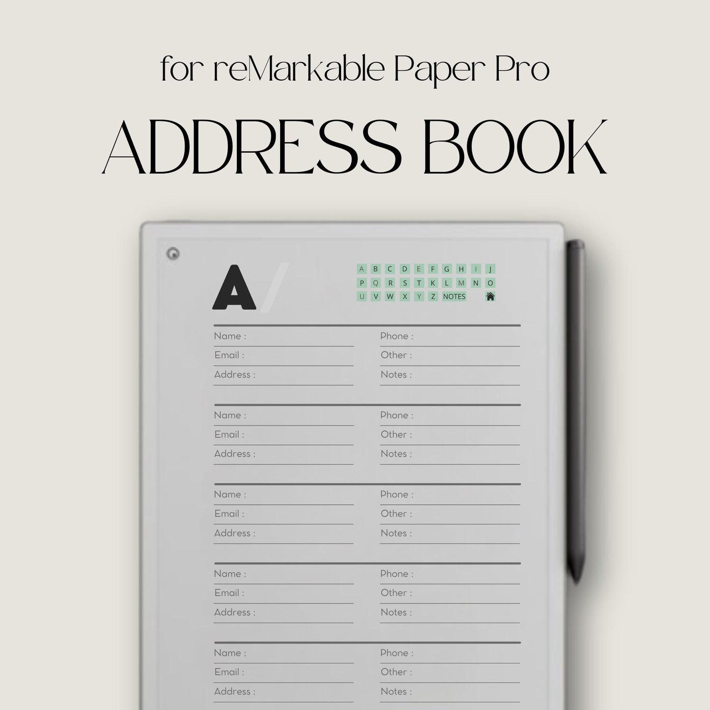Address book for reMarkable Paper Pro with 60 alphabetical contact pages for organizing names phone numbers and emails.