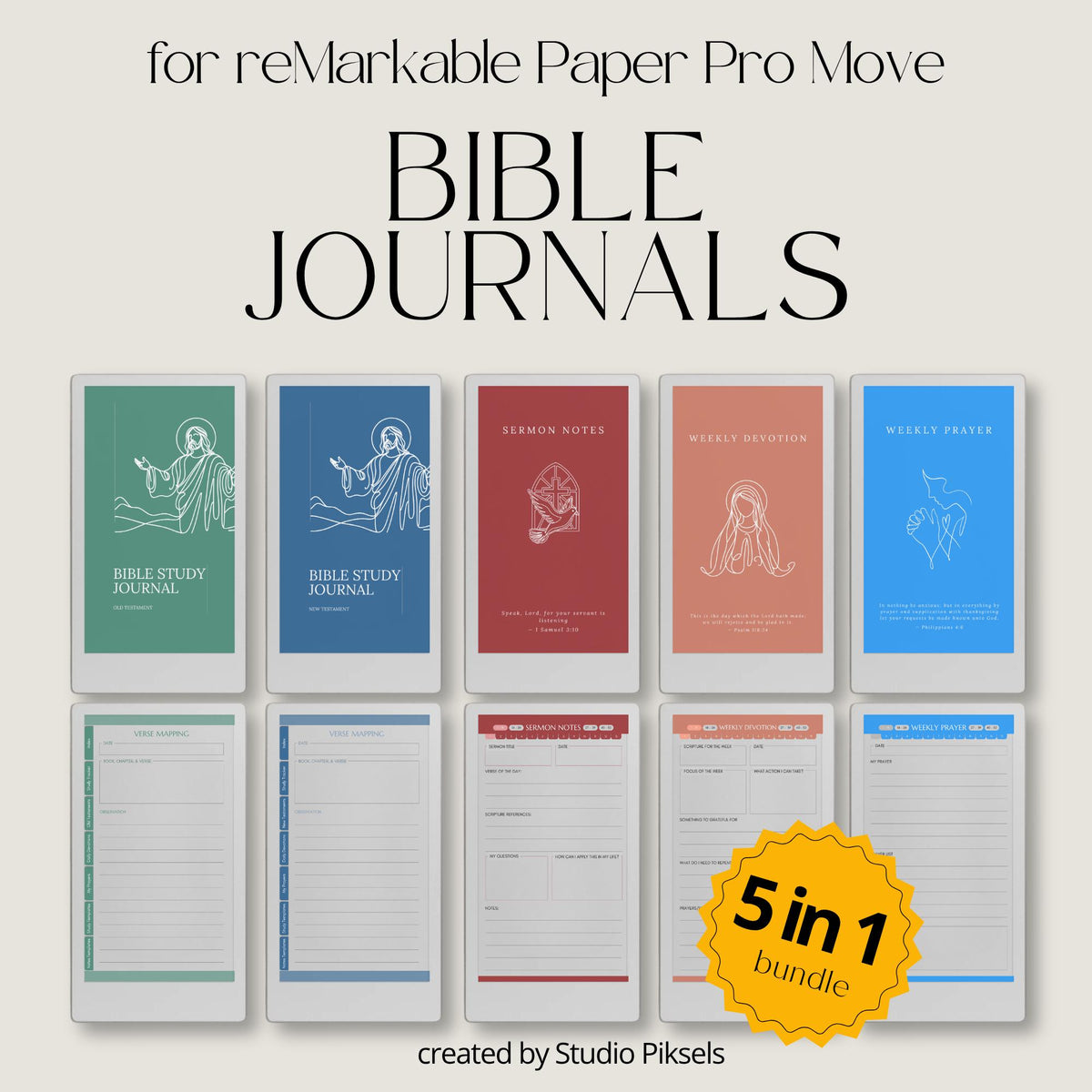 Bible study journal bundle for reMarkable Paper Pro Move with hyperlinked spiritual journals.