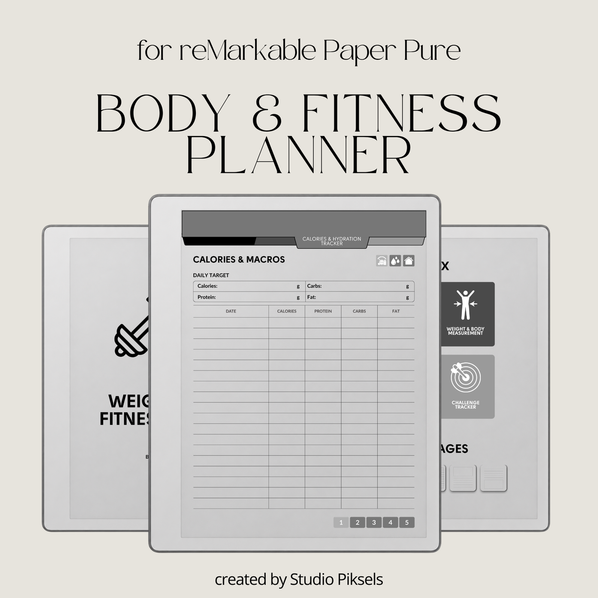 Hyperlinked Fitness and Health Planner for reMarkable 2 and reMarkable Paper Pure featuring workout logs, body measurements, nutrition tracking, habit trackers, and monochrome PDF layouts.