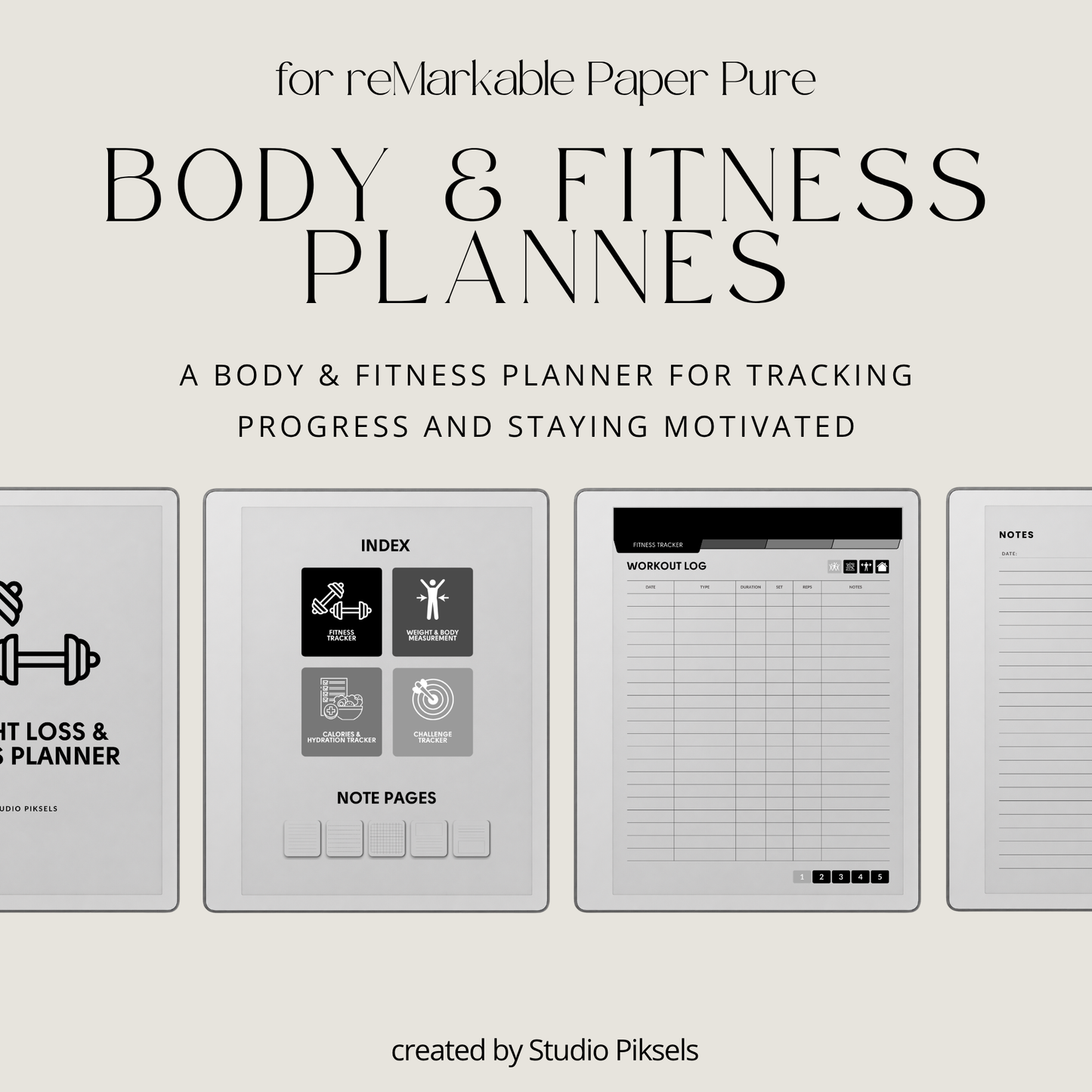 Hyperlinked Fitness and Health Planner for reMarkable 2 and reMarkable Paper Pure featuring workout logs, body measurements, nutrition tracking, habit trackers, and monochrome PDF layouts.