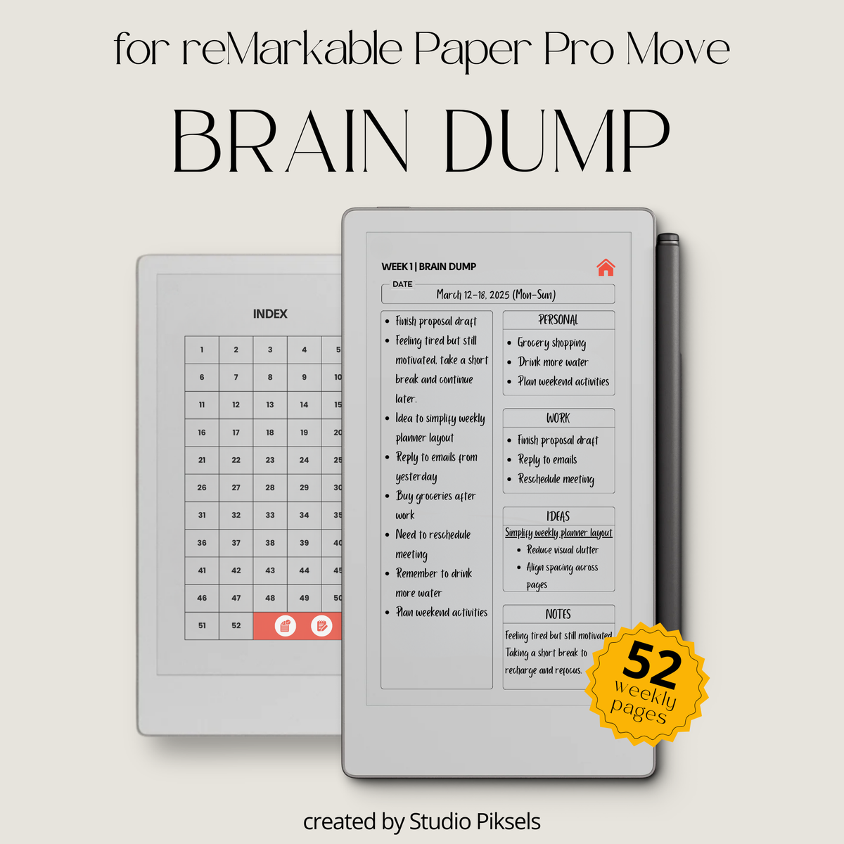 Hyperlinked brain dump journal PDF for reMarkable Paper Pro Move with weekly overview layout and checklist pages.