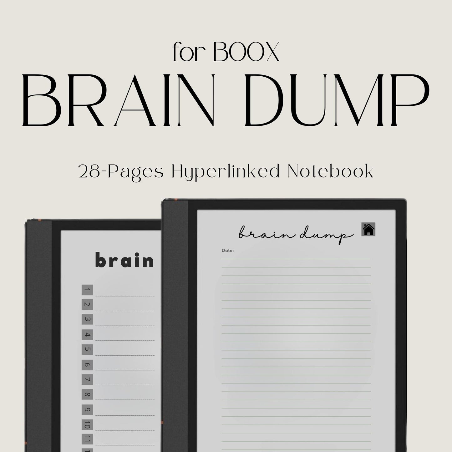 Brain Dump Notebook for BOOX Note with hyperlinked lined pages for brainstorming, planning, journaling, and digital note-taking.