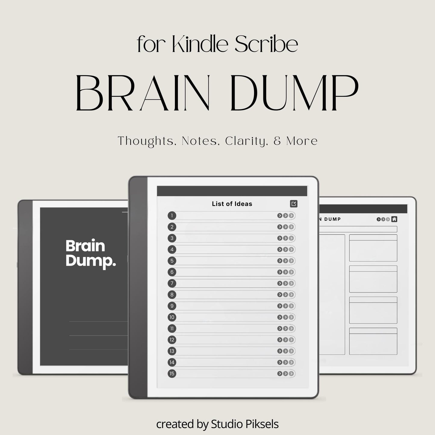 Brain Dump Notebook for Kindle Scribe featuring structured box layouts, lined list pages, open writing spaces, and hyperlinked navigation for brainstorming, planning, and digital note-taking.