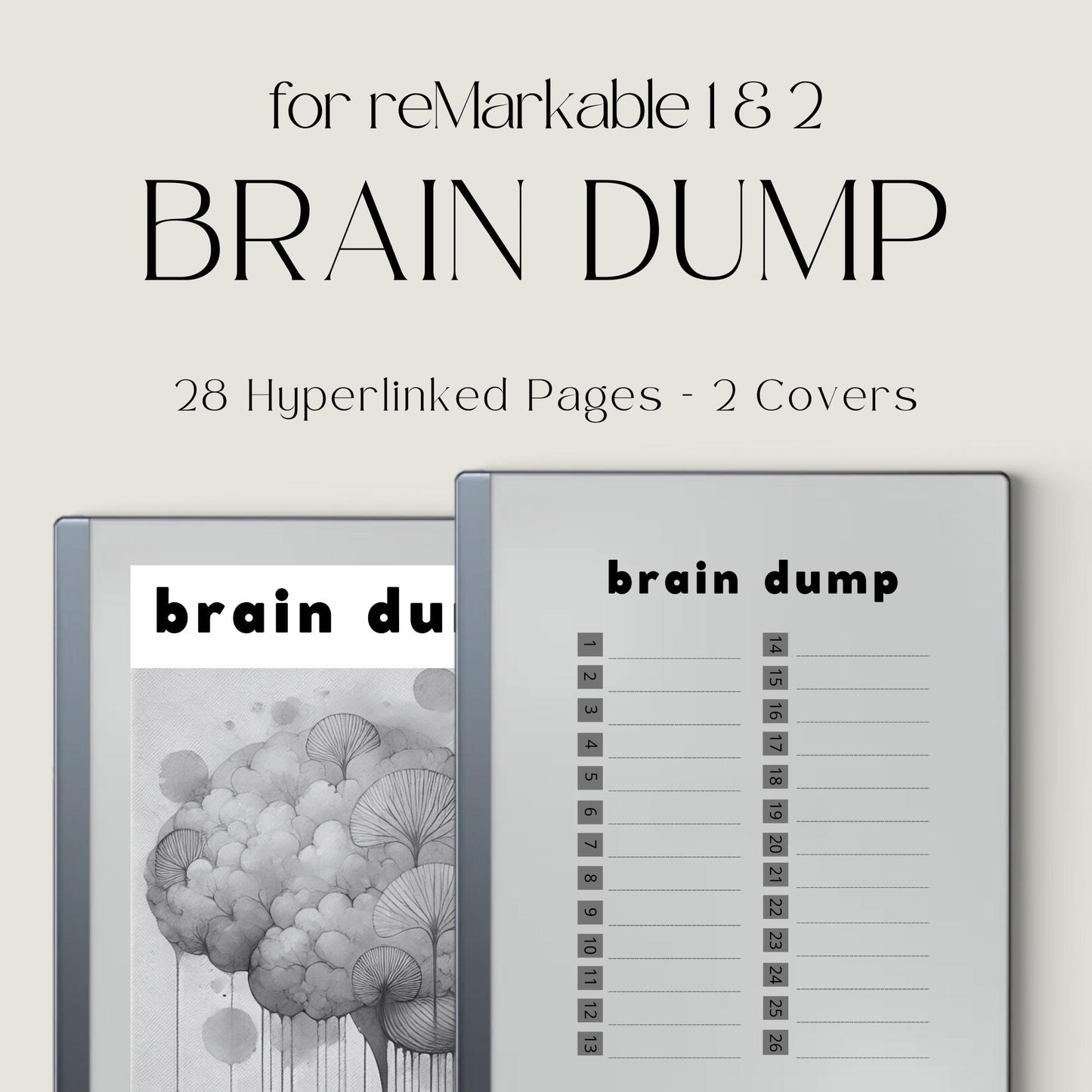 Brain Dump Template for reMarkable 2 and reMarkable Paper Pure featuring hyperlinked lined pages, interactive index navigation, and two grayscale cover designs for productivity and brainstorming