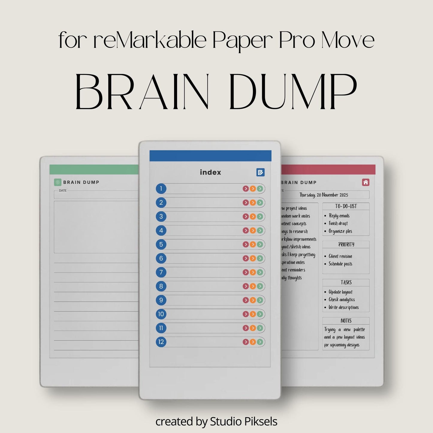 Hyperlinked brain dump notebook for reMarkable Paper Pro Move with list-style index and structured, lined, and open layouts.