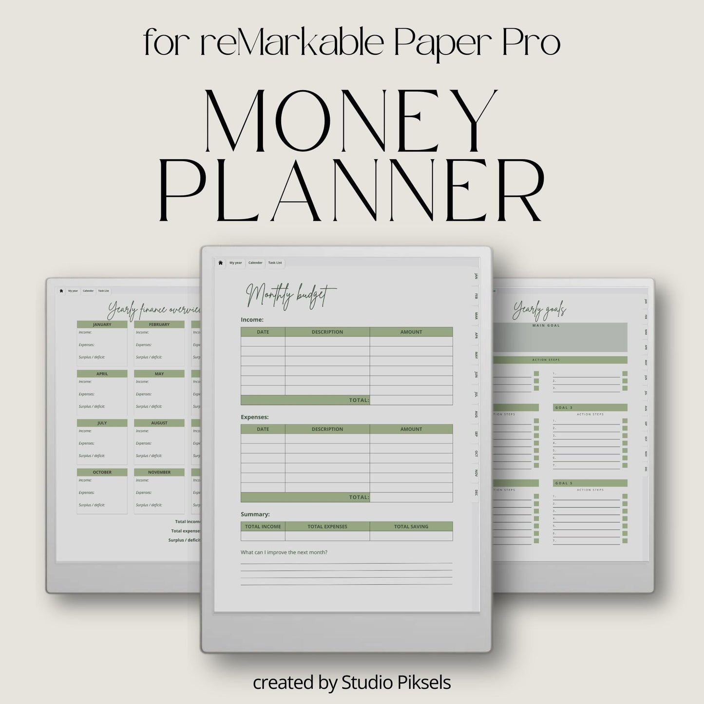 2026 Budget Planner for reMarkable Paper Pro with hyperlinked finance pages, monthly budgeting layouts, savings trackers, and digital money management tools.