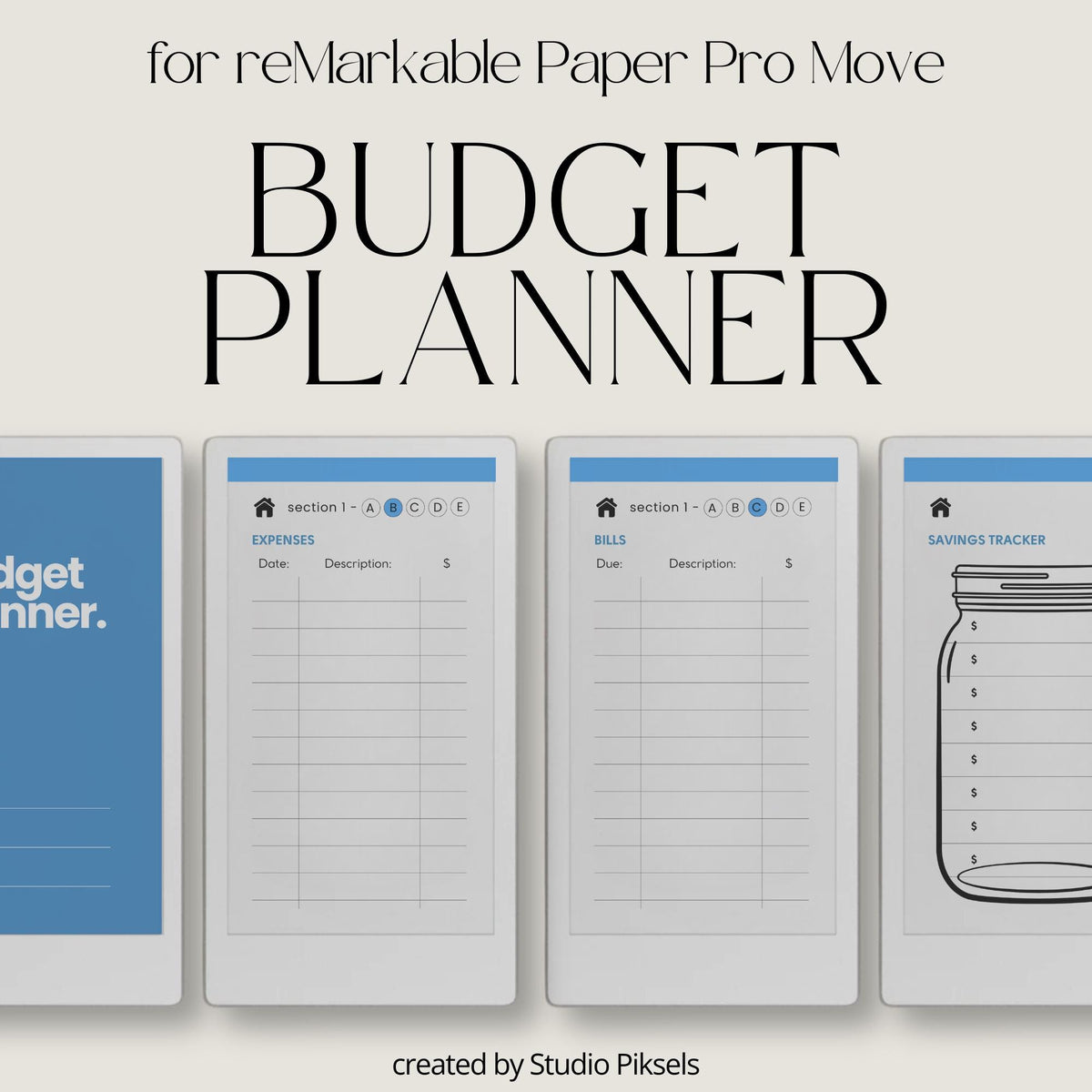 Budget planner for reMarkable Paper Pro Move with hyperlinked sections.