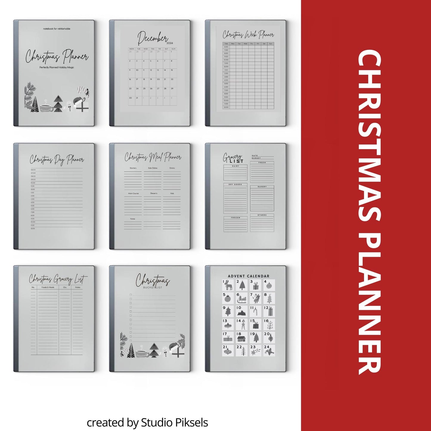 Christmas Planner for reMarkable 2 and reMarkable Paper Pure featuring holiday planning pages, meal prep layouts, grocery lists, advent calendar, and festive digital organization templates
