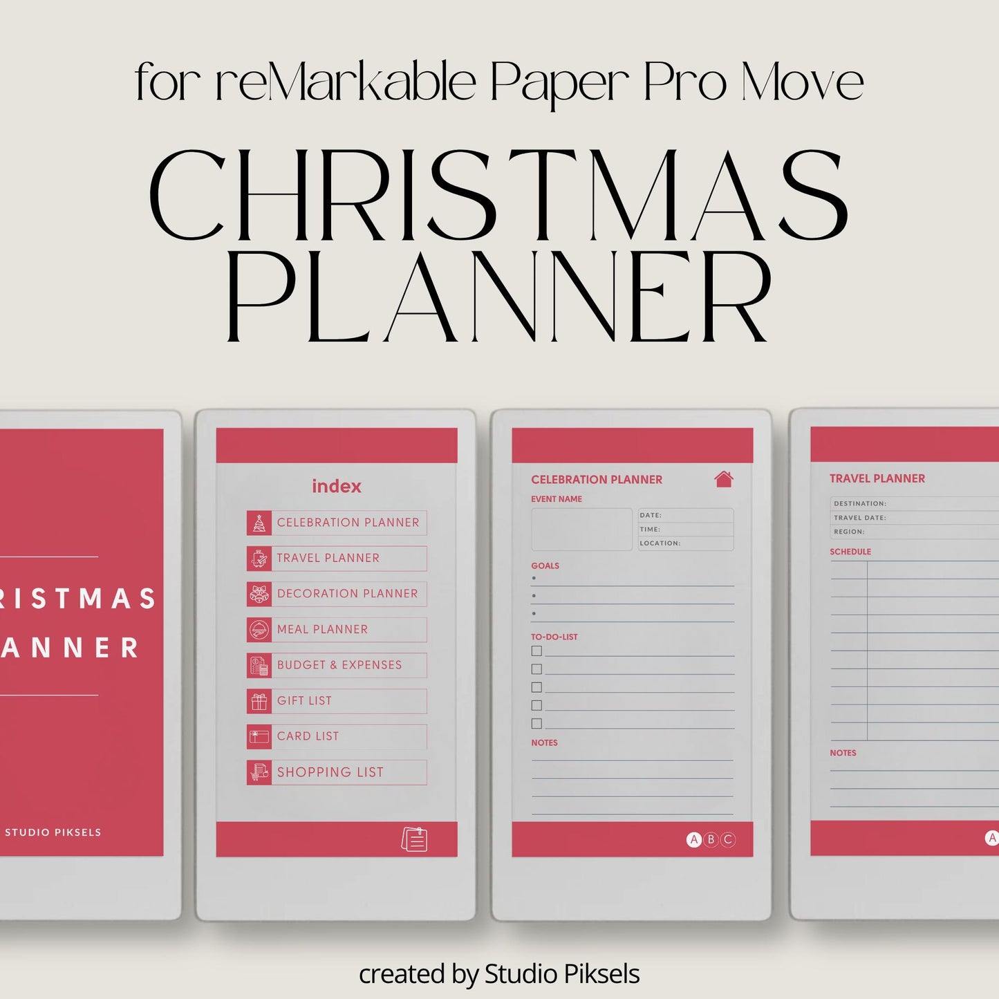 Christmas planner for reMarkable Paper Pro Move used to organize holiday plans, gifts, budgets, meals, and festive schedules.