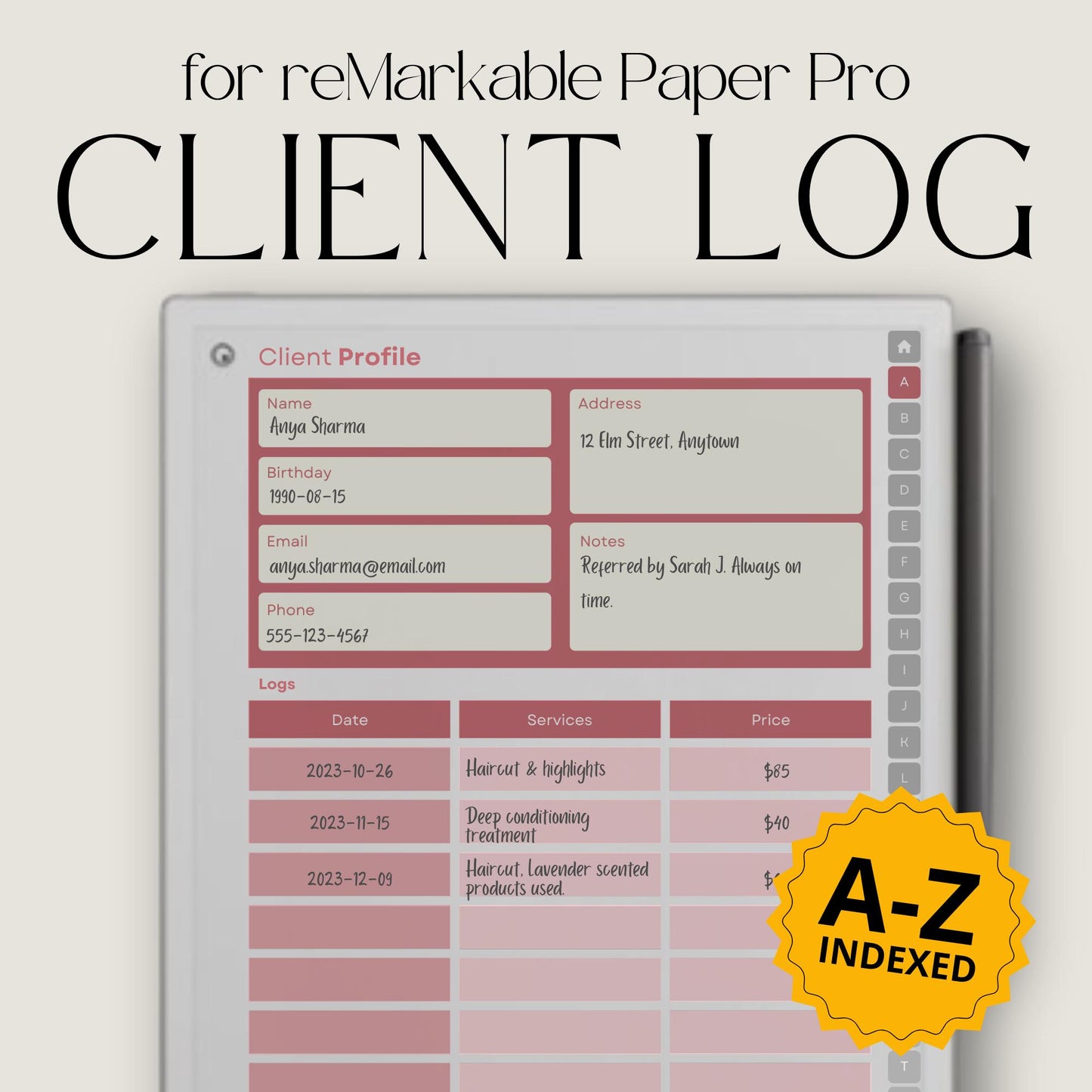 Client Record Book Bundle for reMarkable Paper Pro – A–Z Hyperlinked Client Logbook PDF (2 Notebooks).