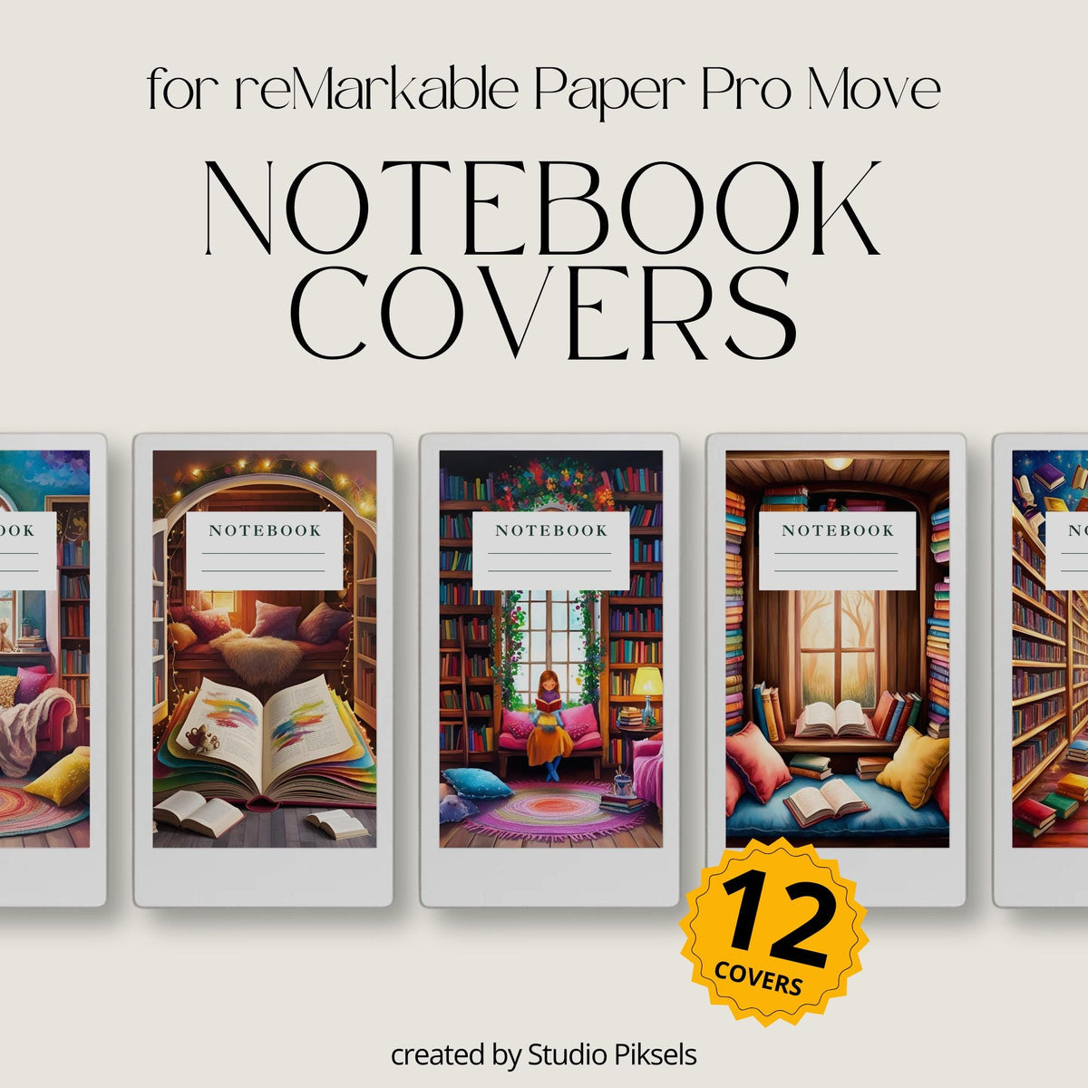 Cozy library notebook cover bundle for the reMarkable Paper Pro Move featuring 12 book nook digital covers, illustration art, and file organization layouts.
