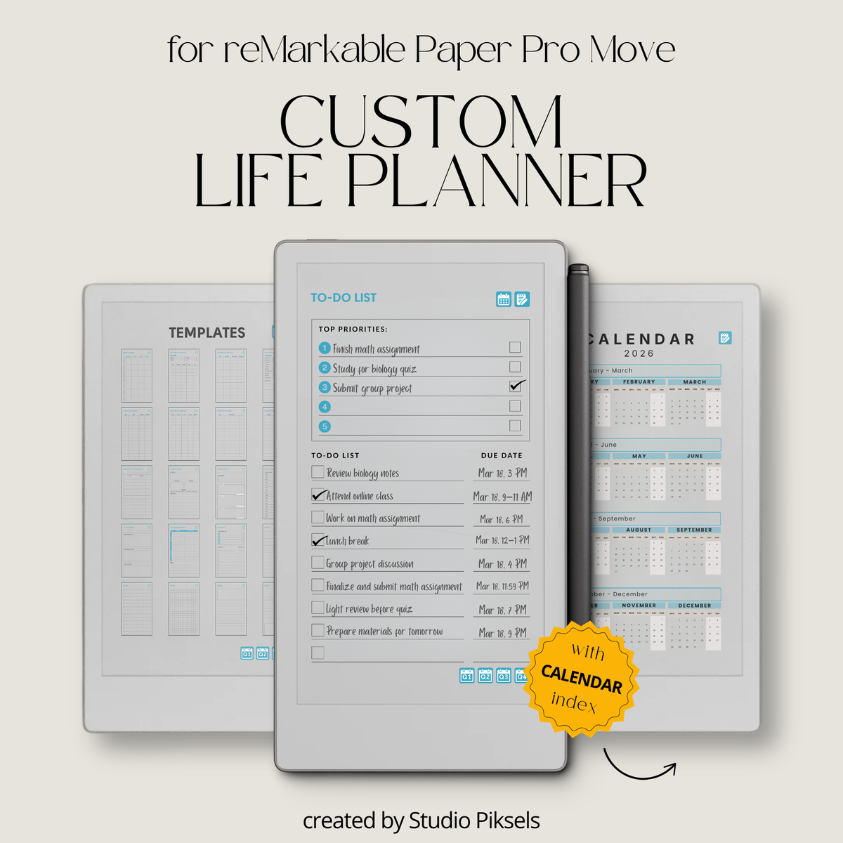 Life Planner 2026 PDF for reMarkable Paper Pro Move with hyperlinked calendar, templates, and customizable pages.