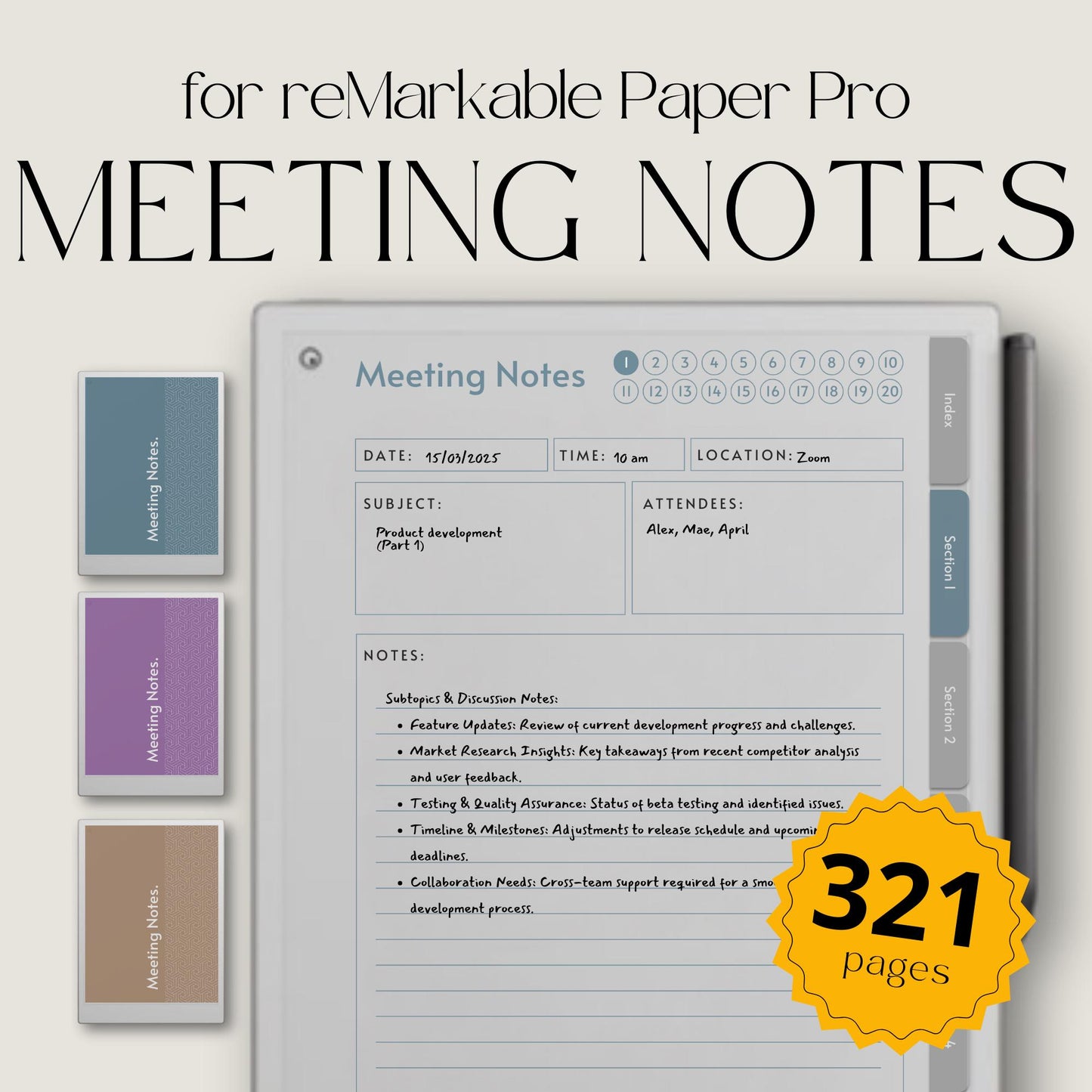 Meeting notes notebook for reMarkable Paper Pro with custom index.