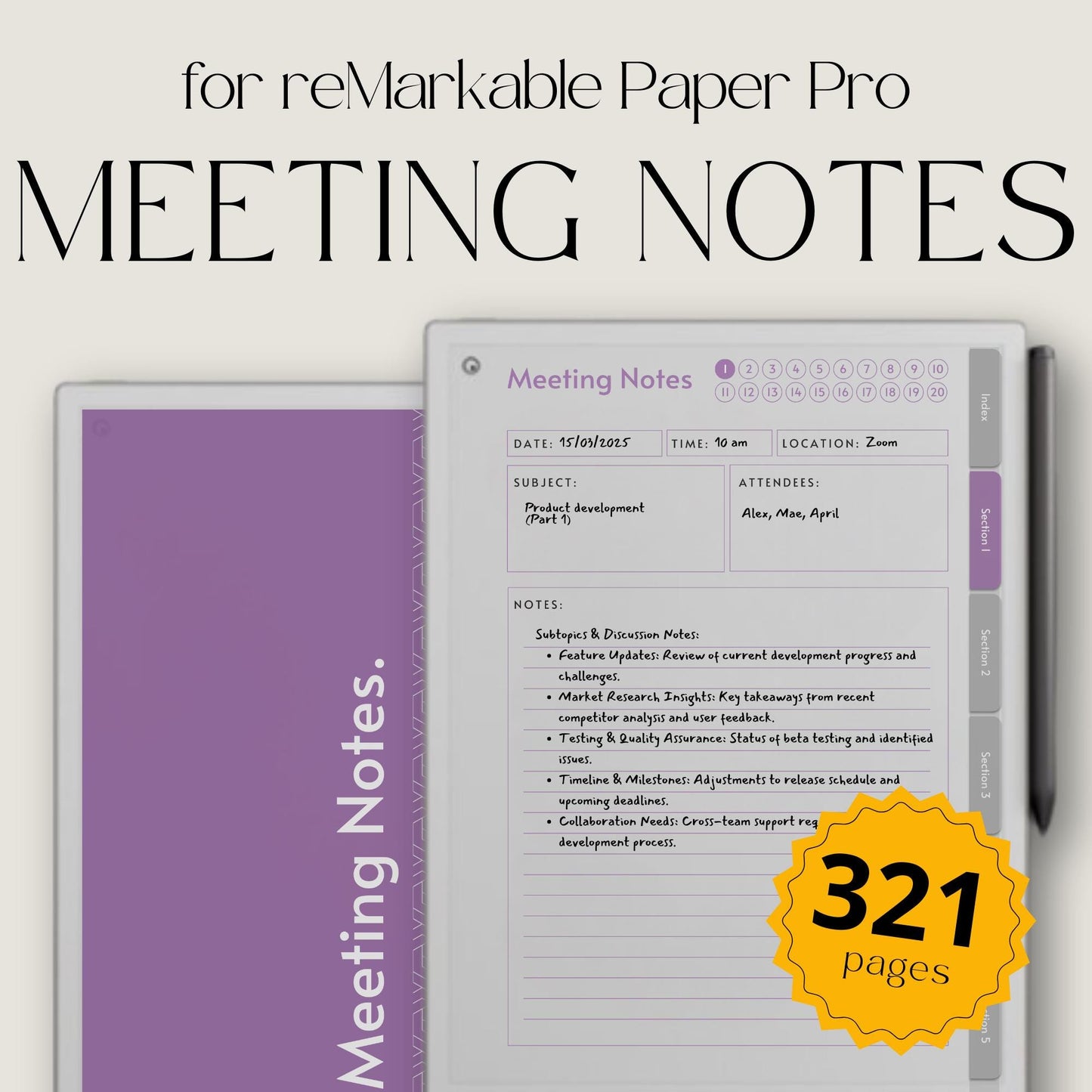 Meeting notes notebook for reMarkable Paper Pro with custom index.