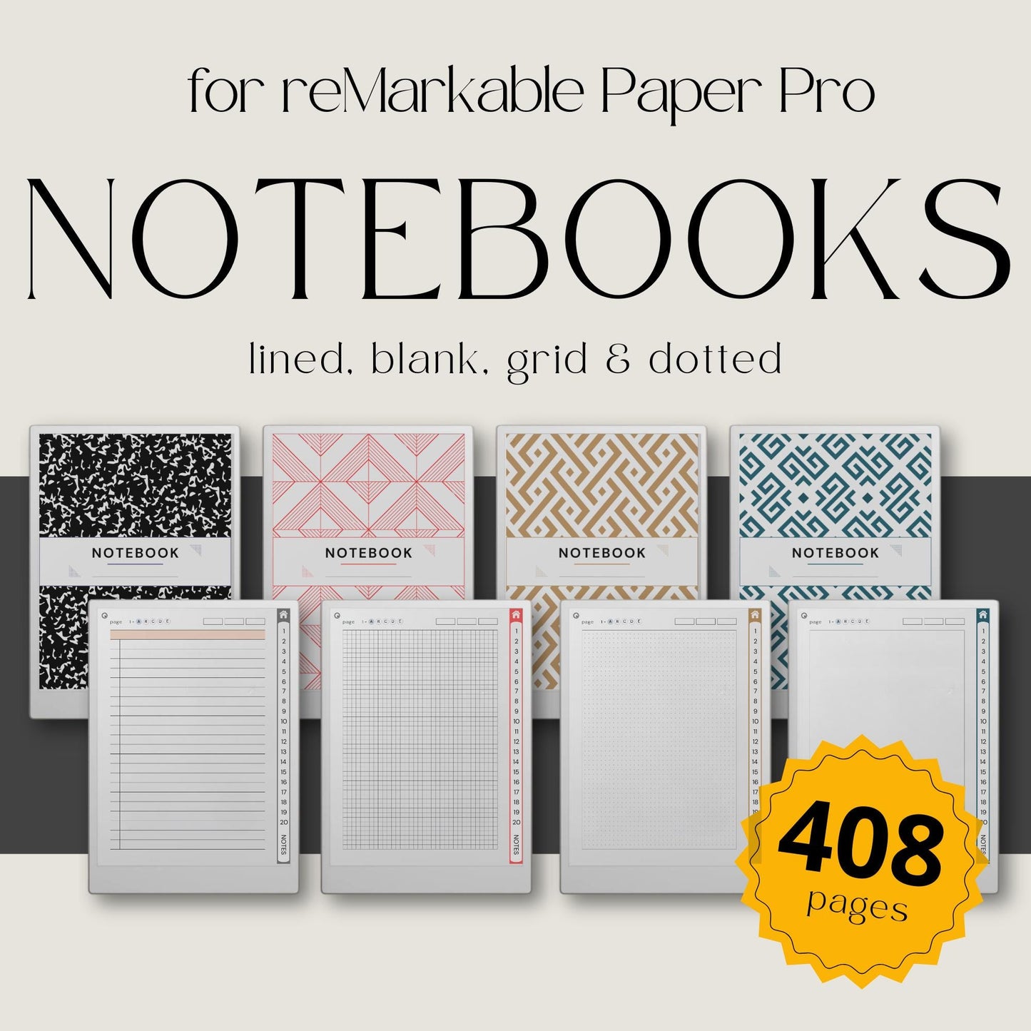 Custom index notebooks for reMarkable Paper Pro with lined, grid, dotted, and blank layouts for structured digital note taking.