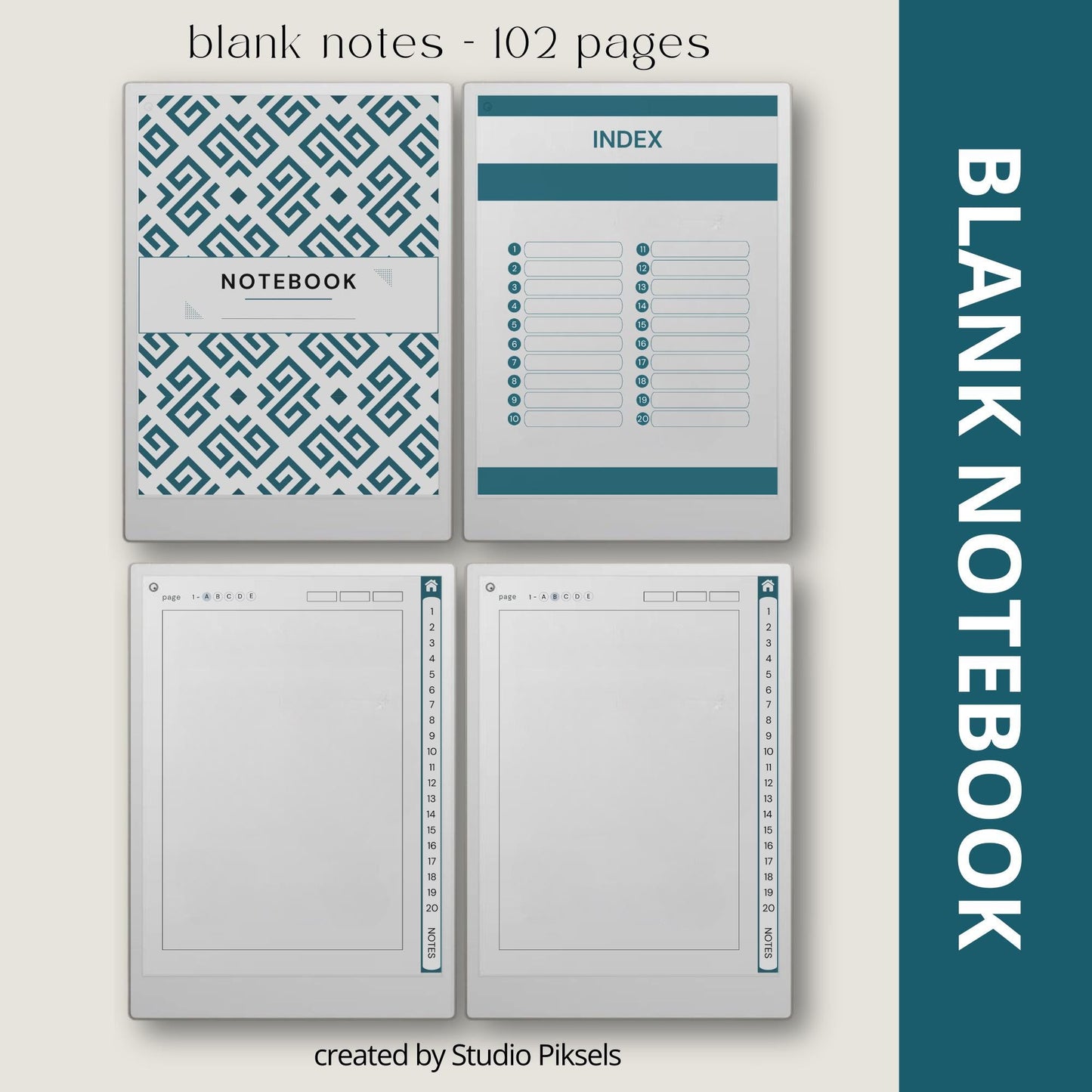 Custom index notebooks for reMarkable Paper Pro with lined, grid, dotted, and blank layouts for structured digital note taking.