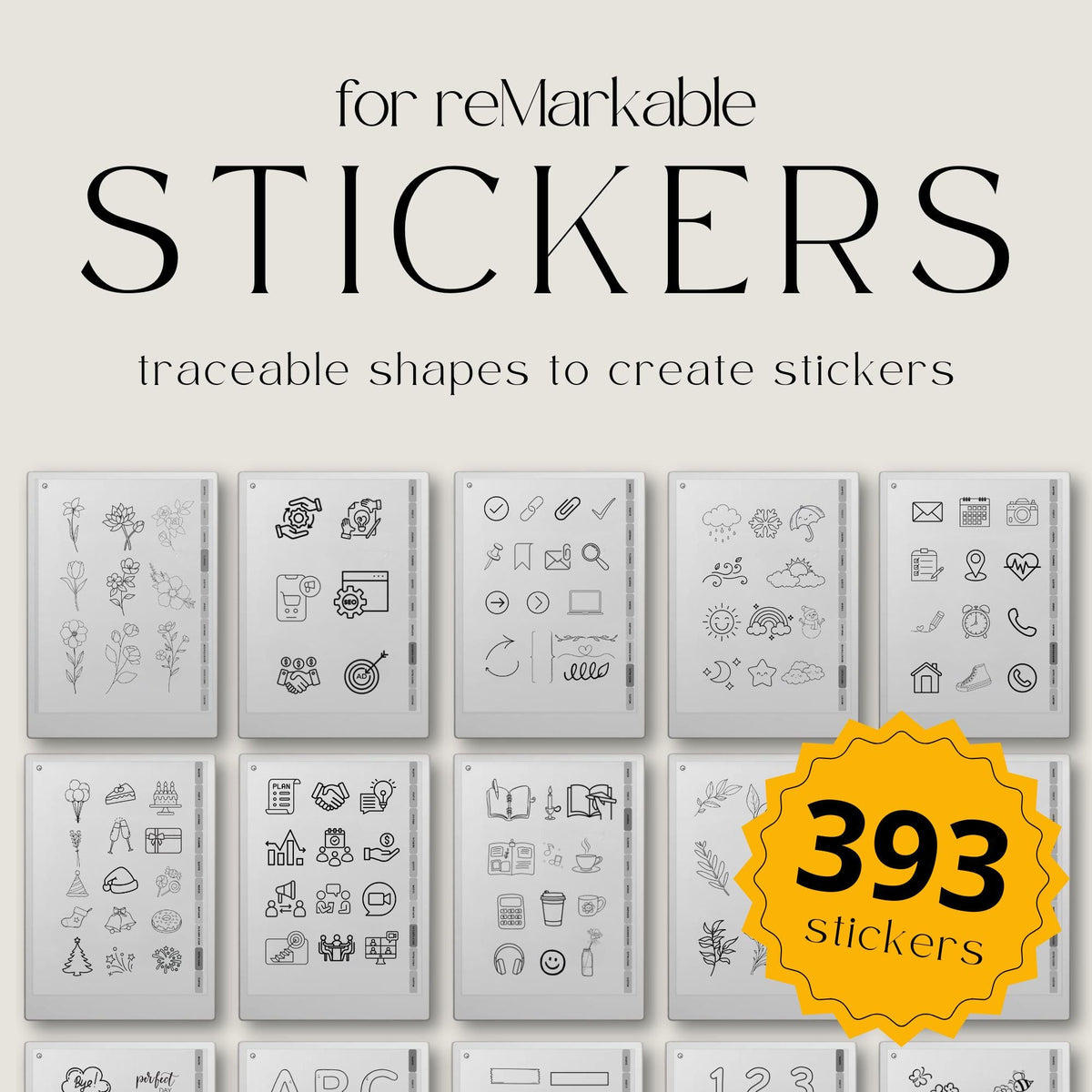 Custom sticker book for reMarkable 2, Paper Pure, and reMarkable Paper Pro tablets with 393 traceable shapes, hyperlinked planning icons, and digital notebook organization layouts.