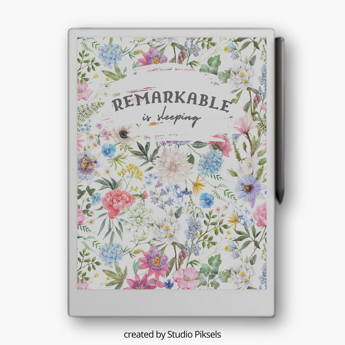 Colorful floral sleep screen for the reMarkable Paper Pro featuring a high-resolution botanical PNG background design and detailed flower artwork.