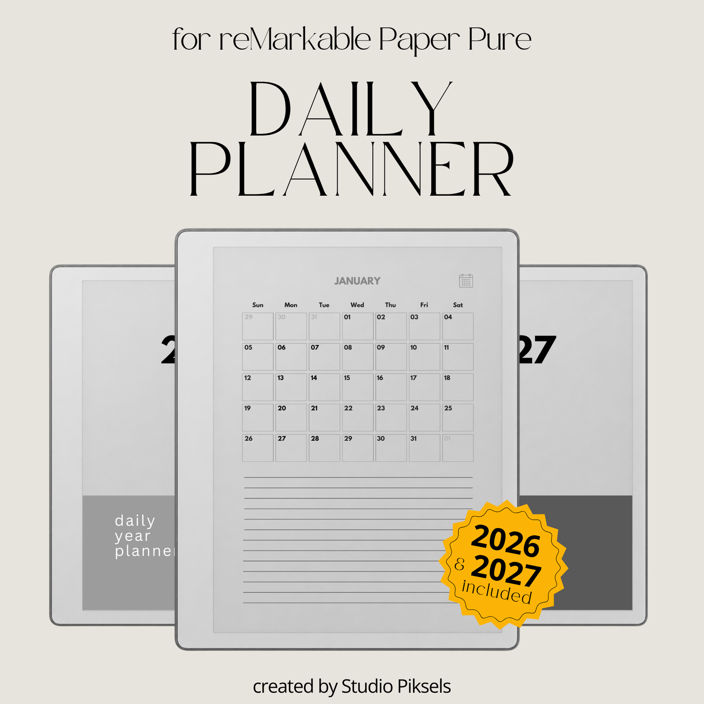 2026 + 2027 Hyperlinked Daily Planner for reMarkable Paper Pure