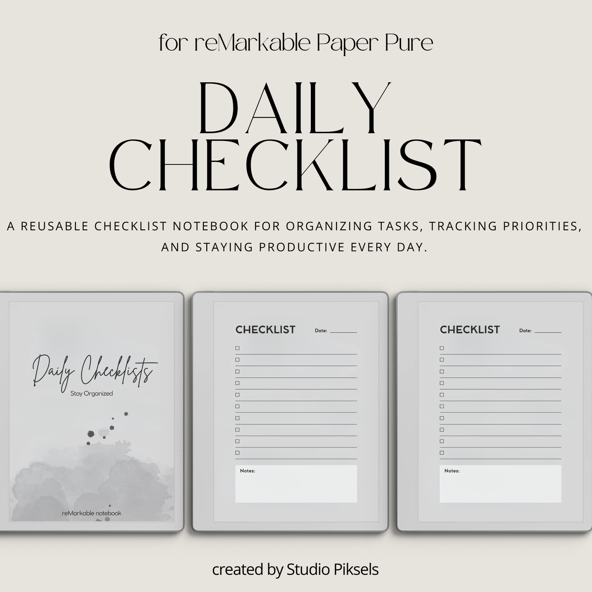 Daily Checklist Notebook for reMarkable 2 and Paper Pure featuring 50 reusable checklist pages, minimalist grayscale layout, task tracking, priorities, notes, and daily planning.