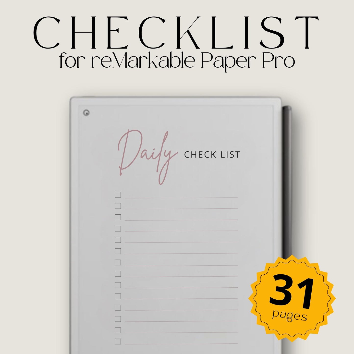 Daily checklist notebook for reMarkable Paper Pro with 31 minimalist to do list pages and digital task tracking layout.