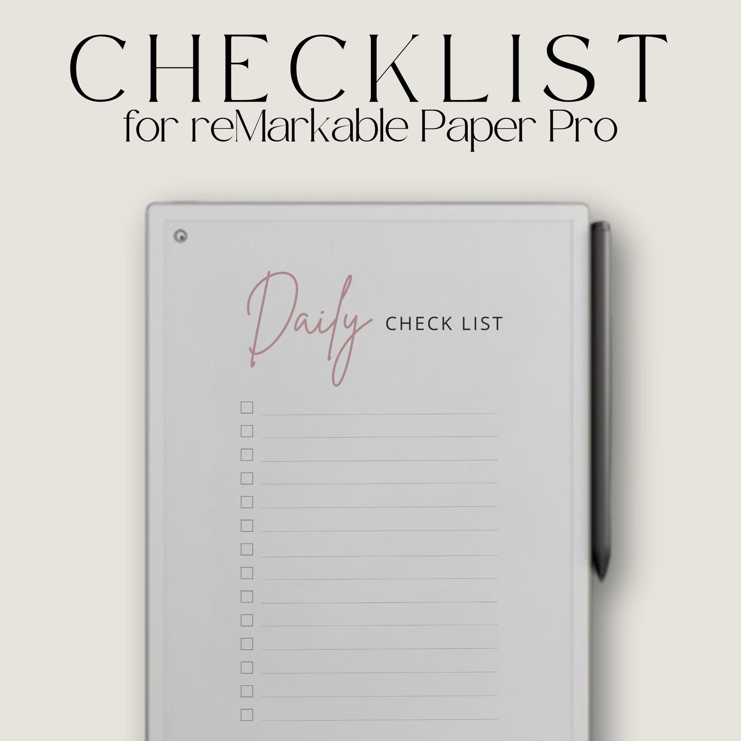 Daily checklist notebook for reMarkable Paper Pro with 31 minimalist to do list pages and digital task tracking layout.