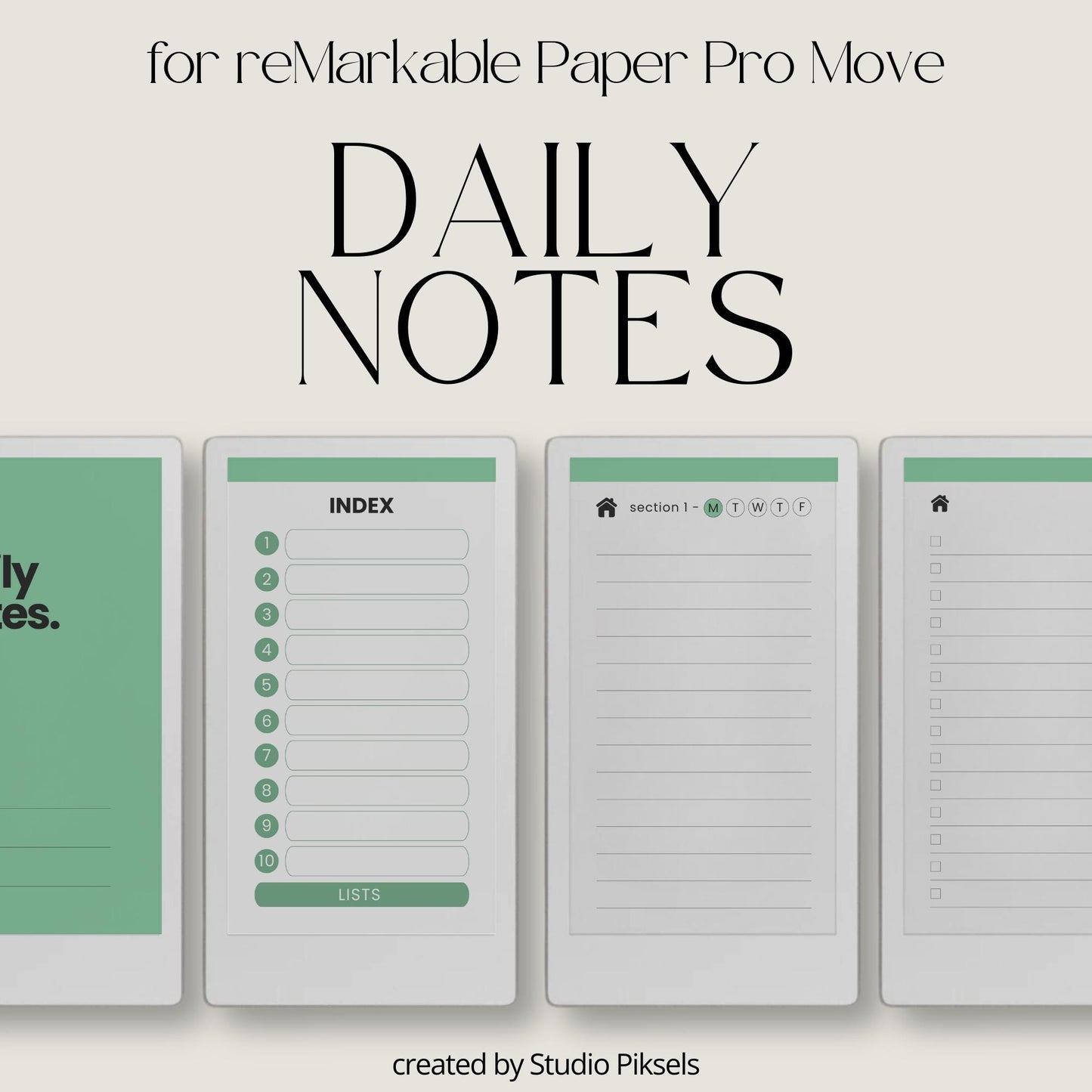 Lined notebook for reMarkable Paper Pro Move with hyperlinked index, daily pages, and customizable sections.