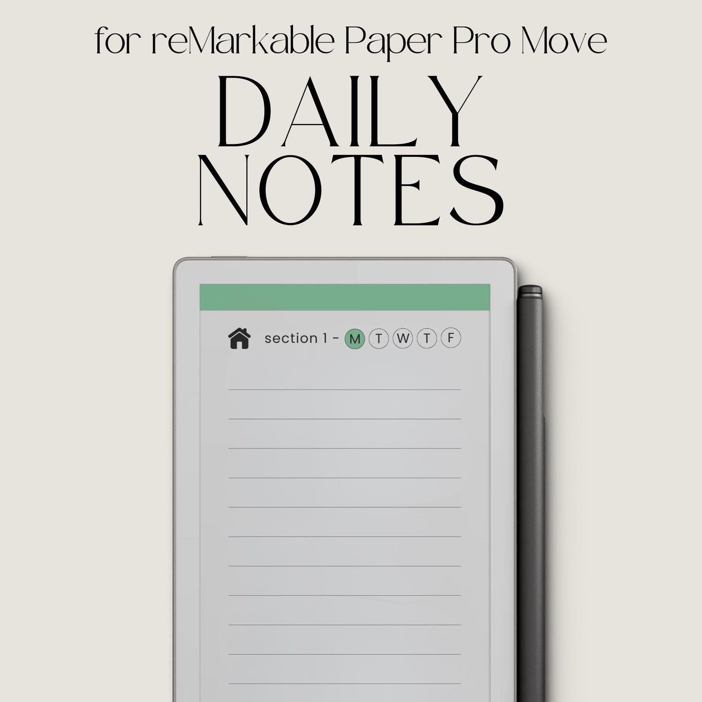 Lined notebook for reMarkable Paper Pro Move with hyperlinked index, daily pages, and customizable sections.