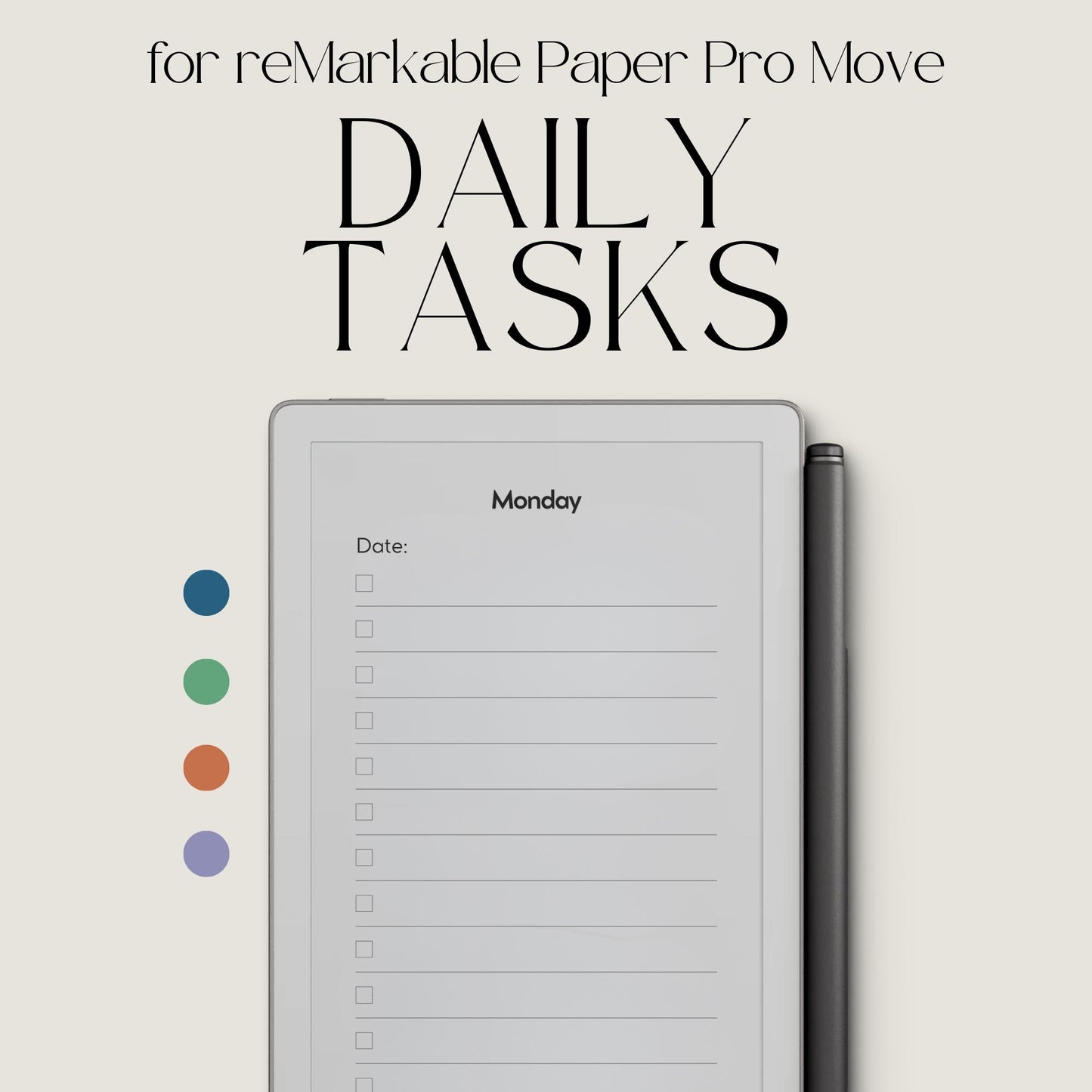 Daily tasks notebook bundle for reMarkable Paper Pro Move with minimalist weekly layouts and calming color themes.