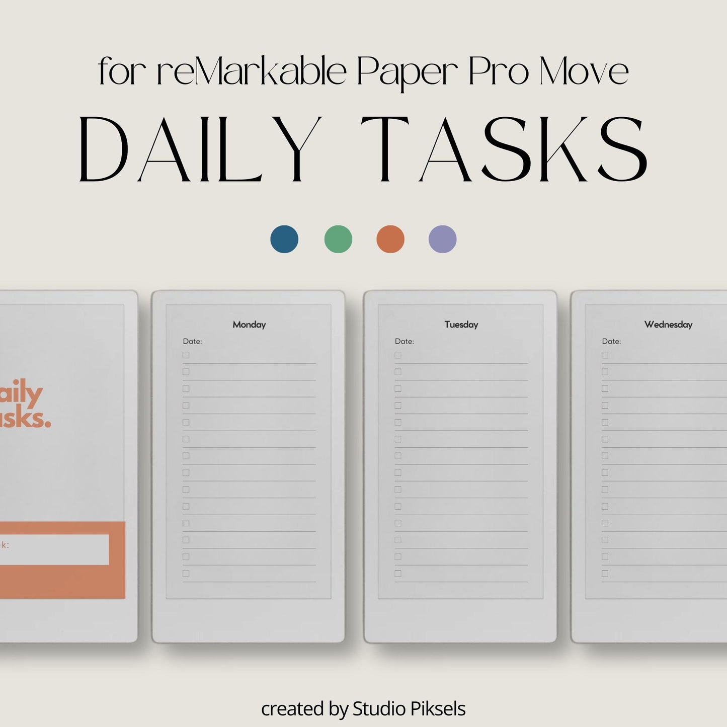 Daily tasks notebook bundle for reMarkable Paper Pro Move with minimalist weekly layouts and calming color themes.